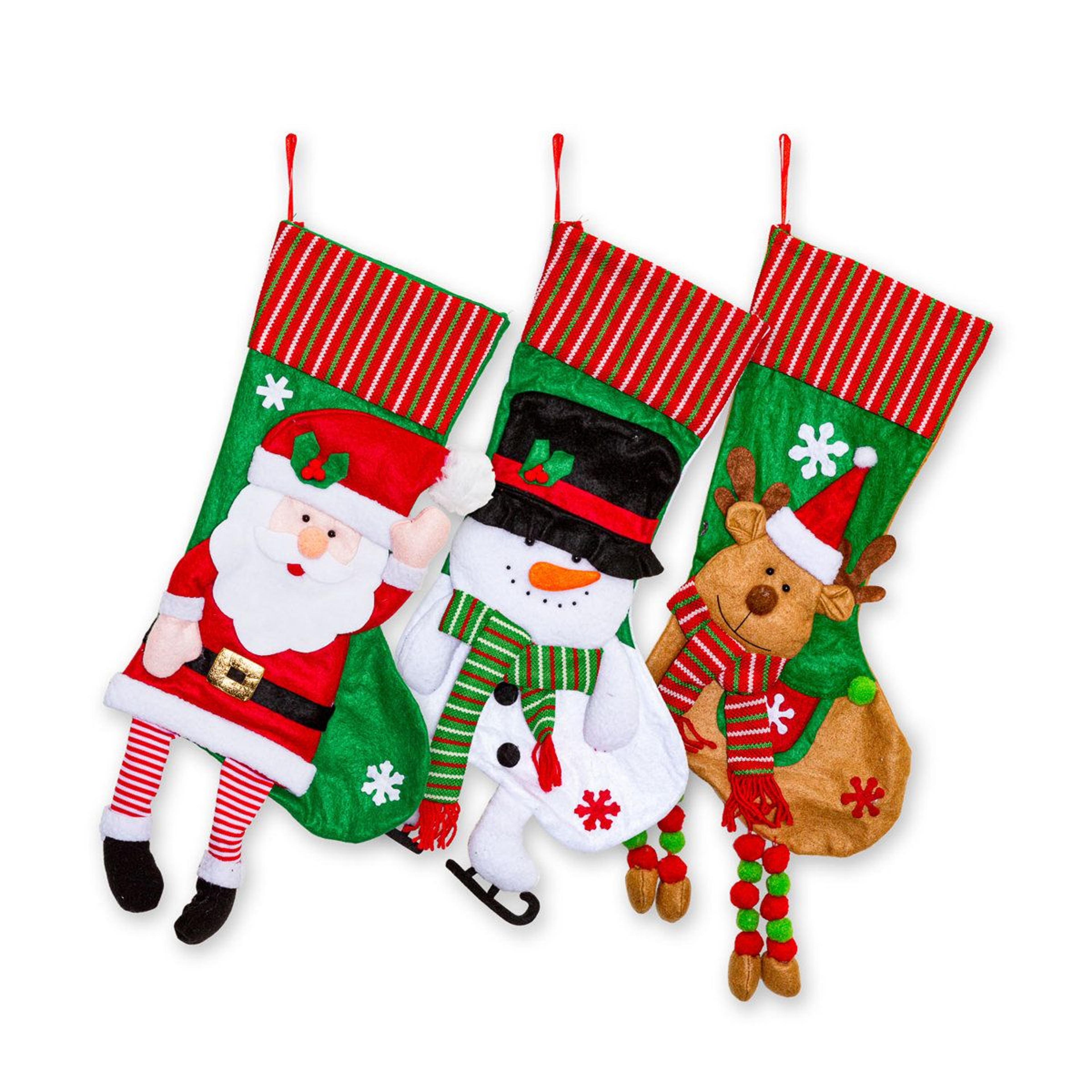 3-piece christmas stocking set with santa reindeer and snowman decorations
