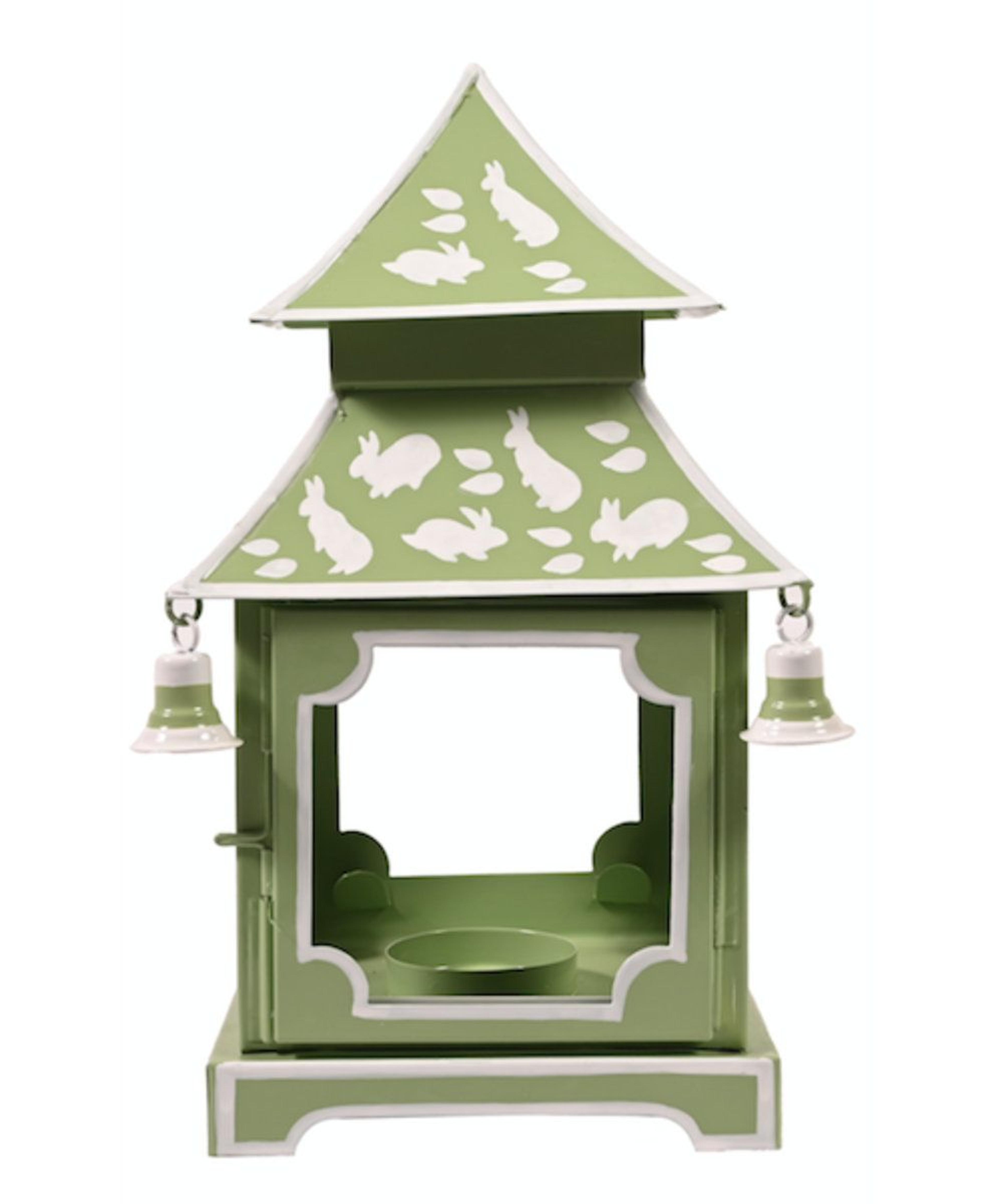 11-inch metal pagoda tabletop lantern with floral design and hanging bells