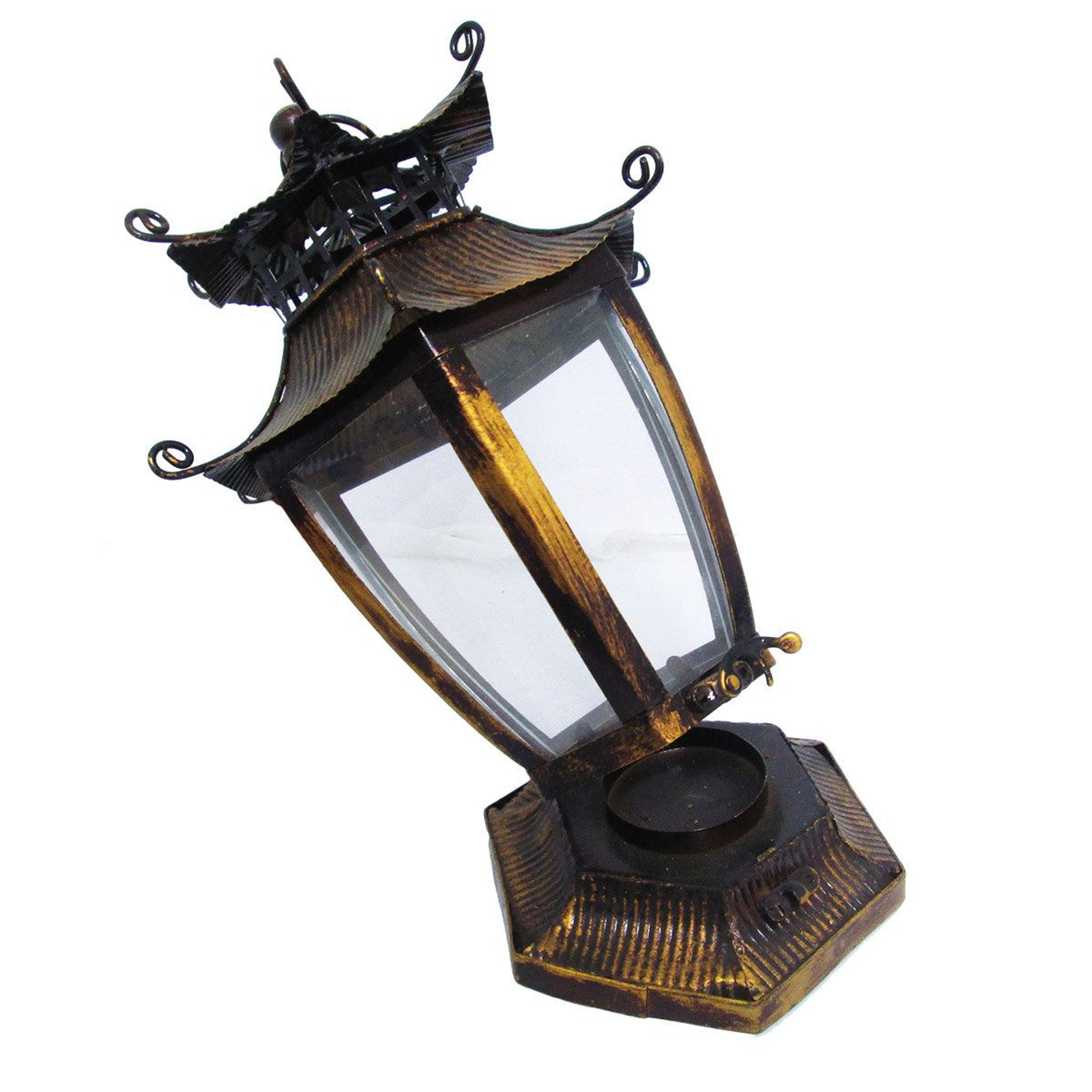 Vintage Brown Metal Tabletop Lantern With Glass Panels  115 Inch 2
