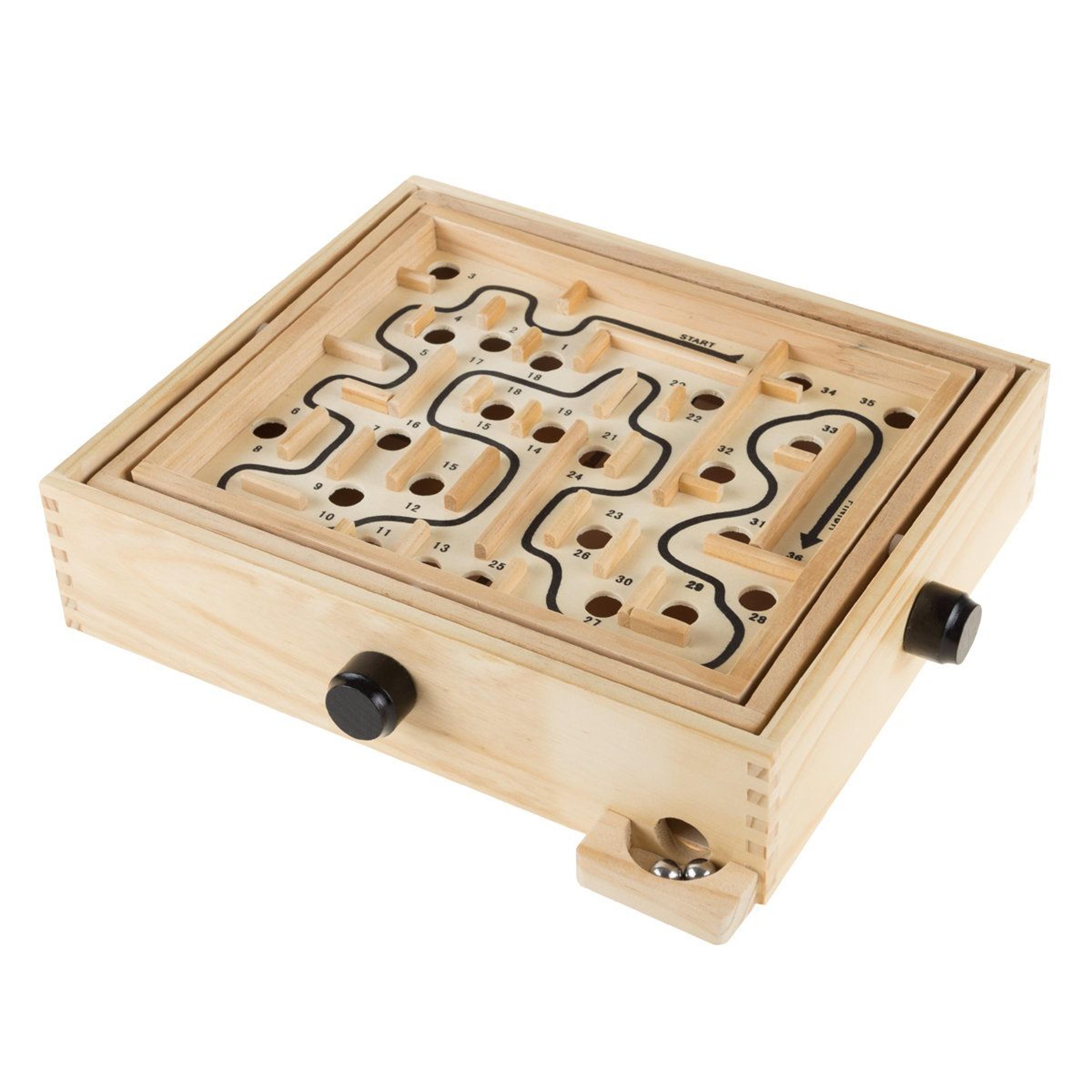 wooden labyrinth maze game with two steel marbles and adjustable tilt knobs