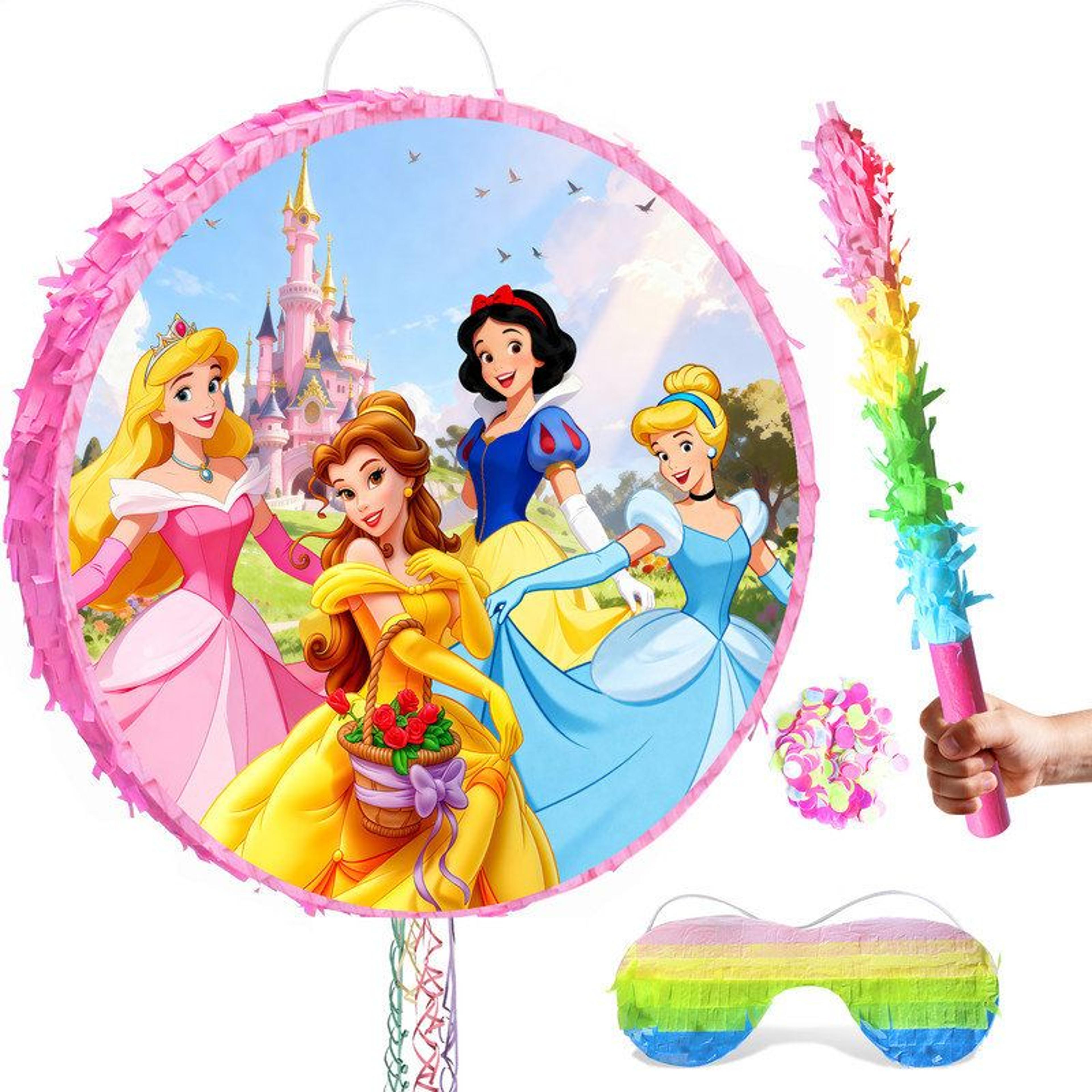 princess round pinata party set with stick and blindfold – 4-piece birthday party decorations
