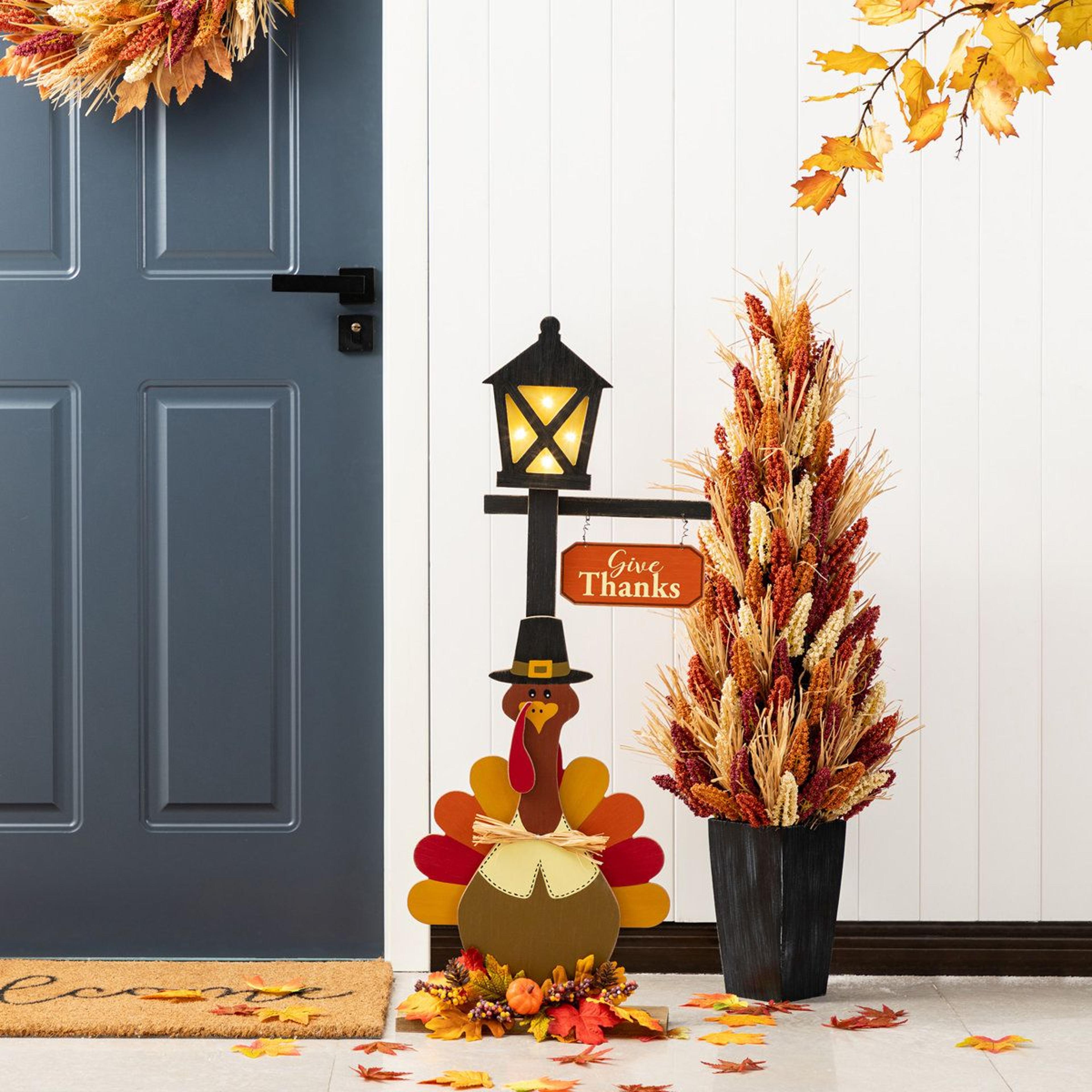 36-inch lighted wooden thanksgiving turkey lamp post porch decoration