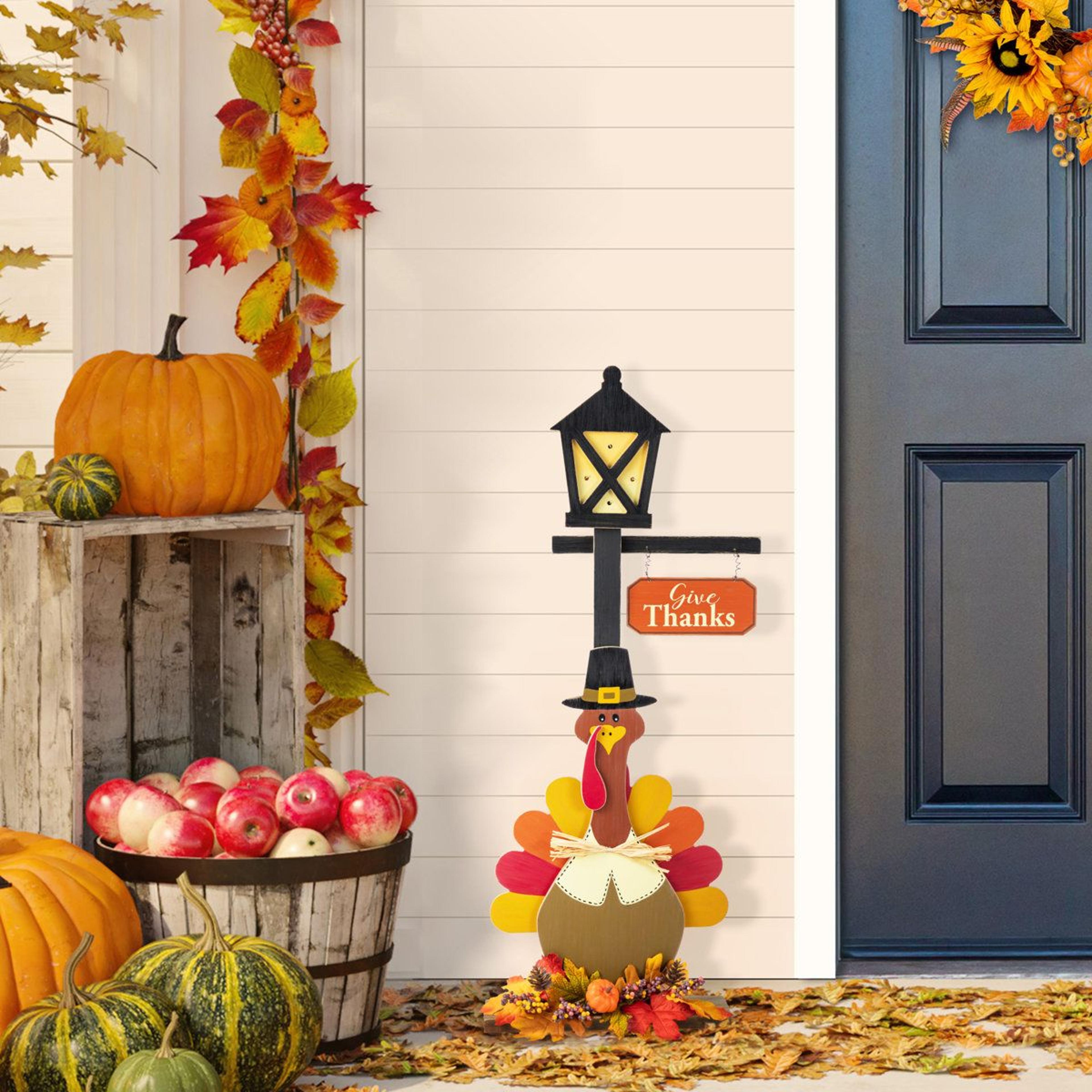 36Inch Lighted Wooden Thanksgiving Turkey Lamp Post Porch Decoration 9
