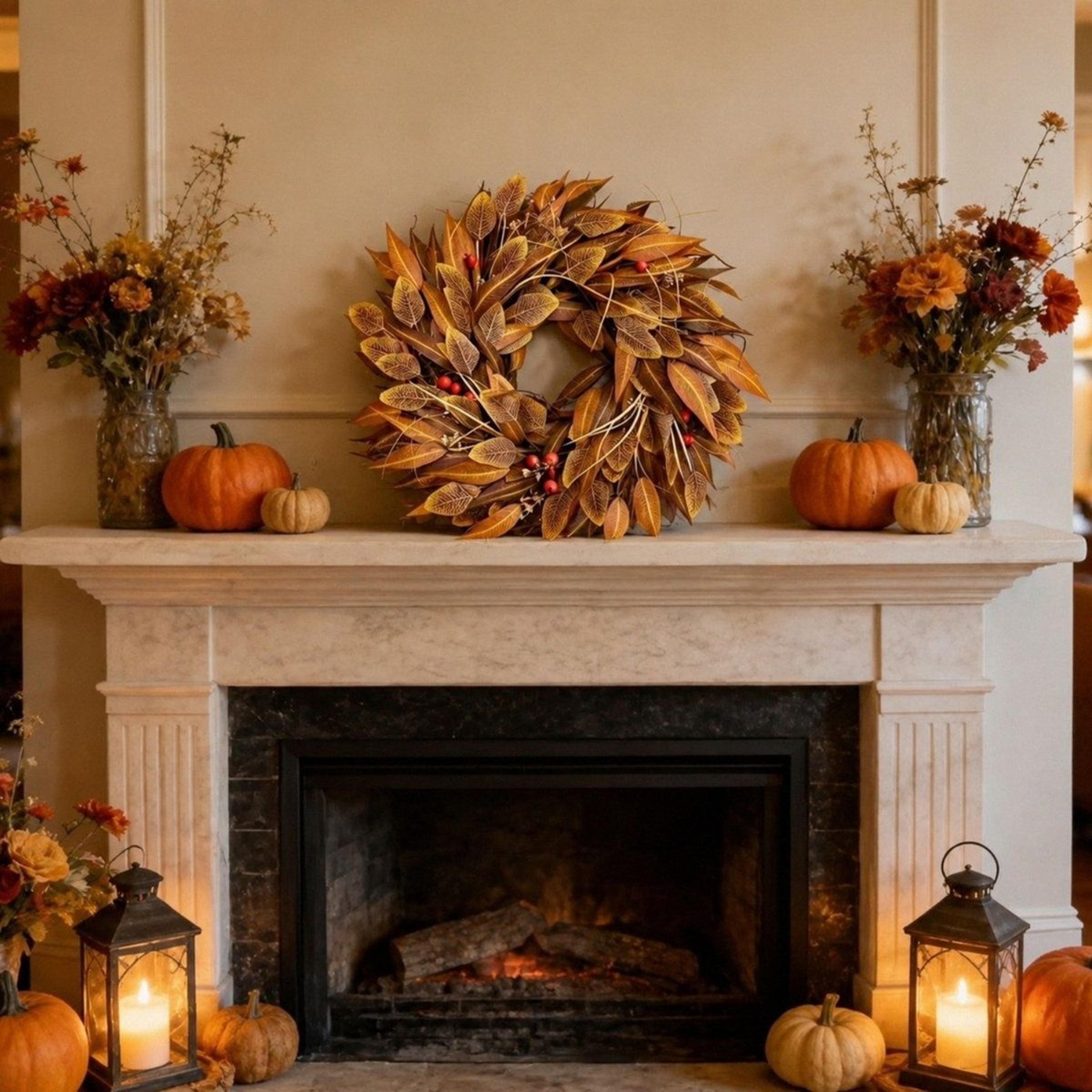 24Inch Artificial Eucalyptus Wreath  Orange Fall Front Door Decoration 1