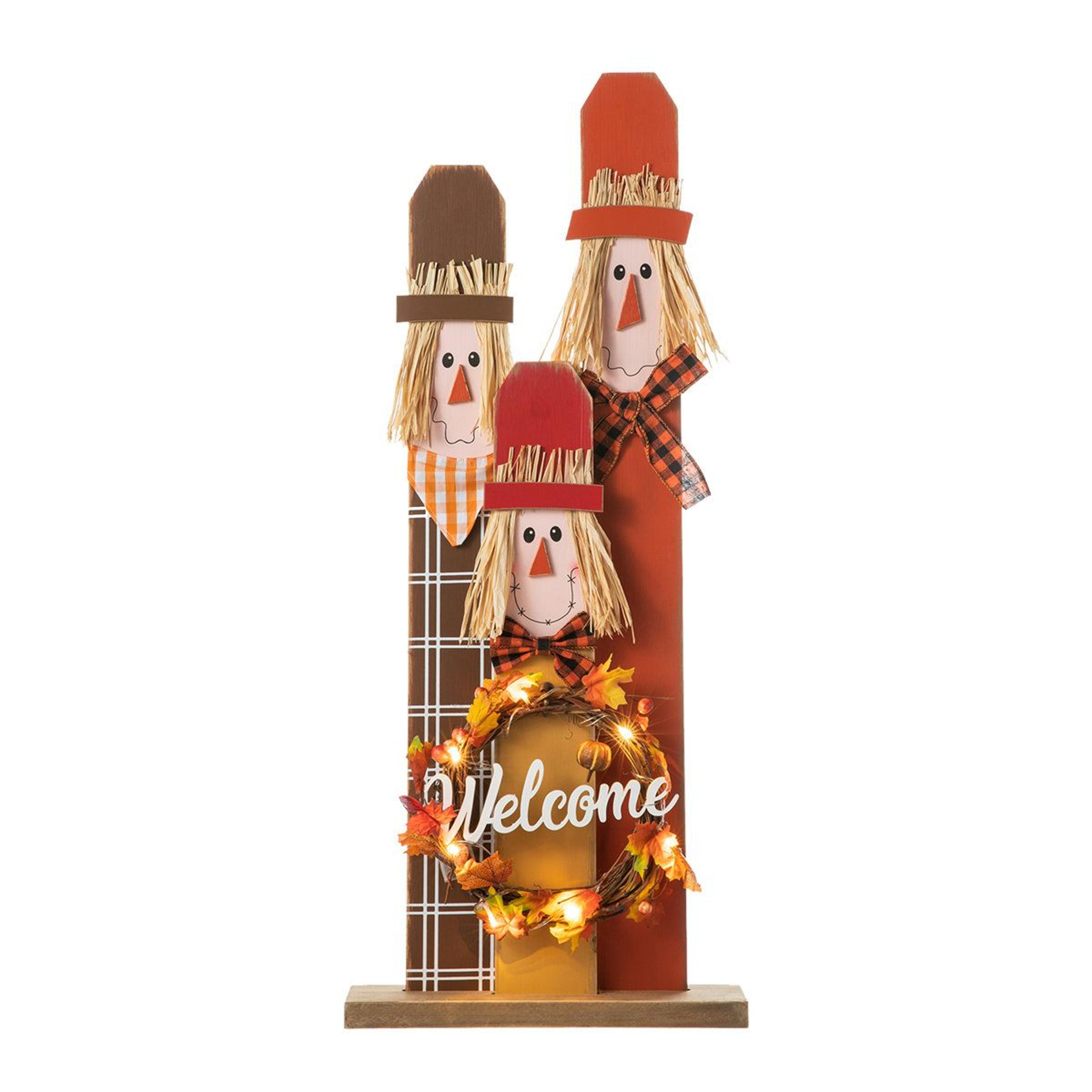 thanksgiving scarecrow family porch sign with lighted welcome design