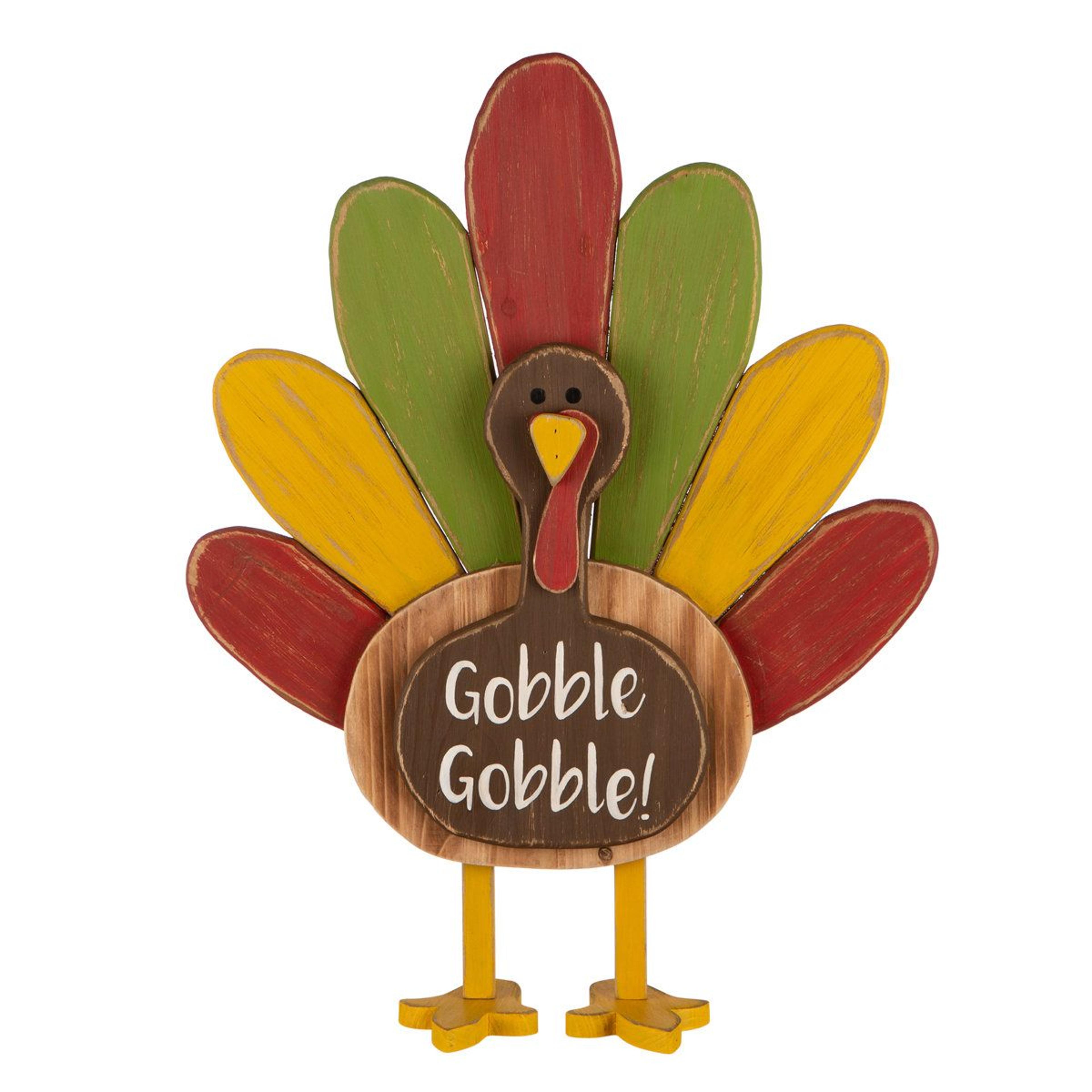 thanksgiving wooden turkey standing decor with colorful tail and gobble sign