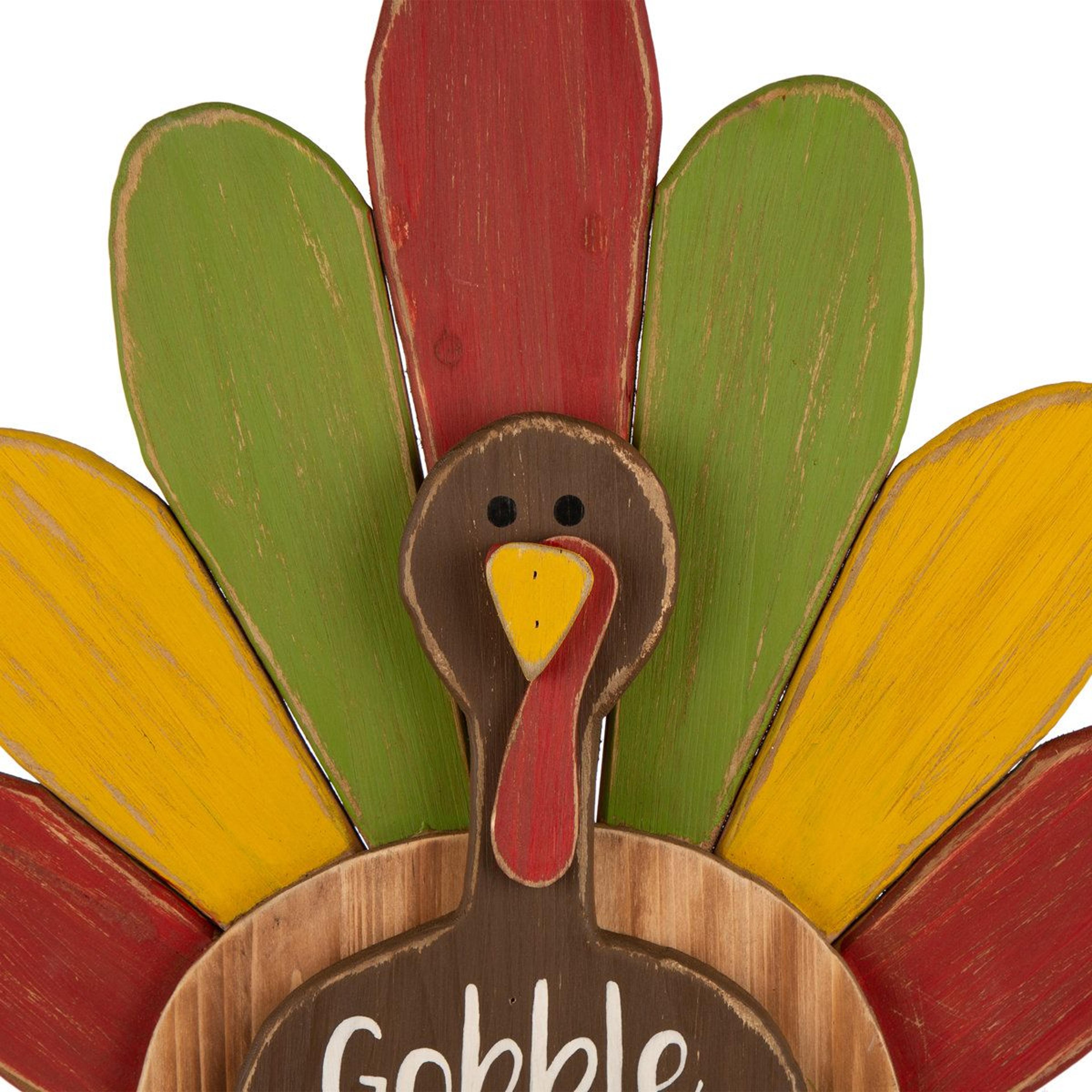 Thanksgiving Wooden Turkey Standing Decor With Colorful Tail And Gobble Sign 8