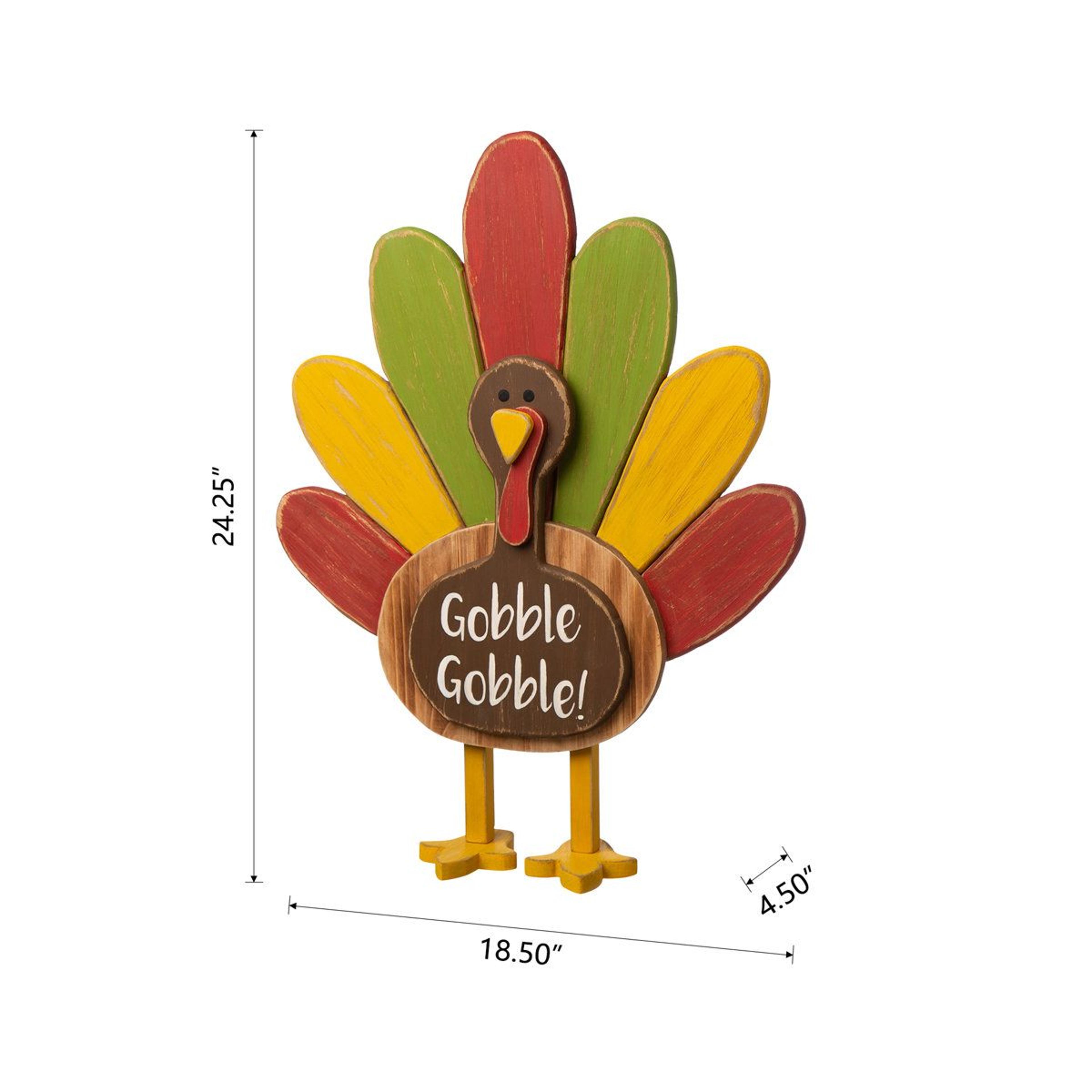 Thanksgiving Wooden Turkey Standing Decor With Colorful Tail And Gobble Sign 2
