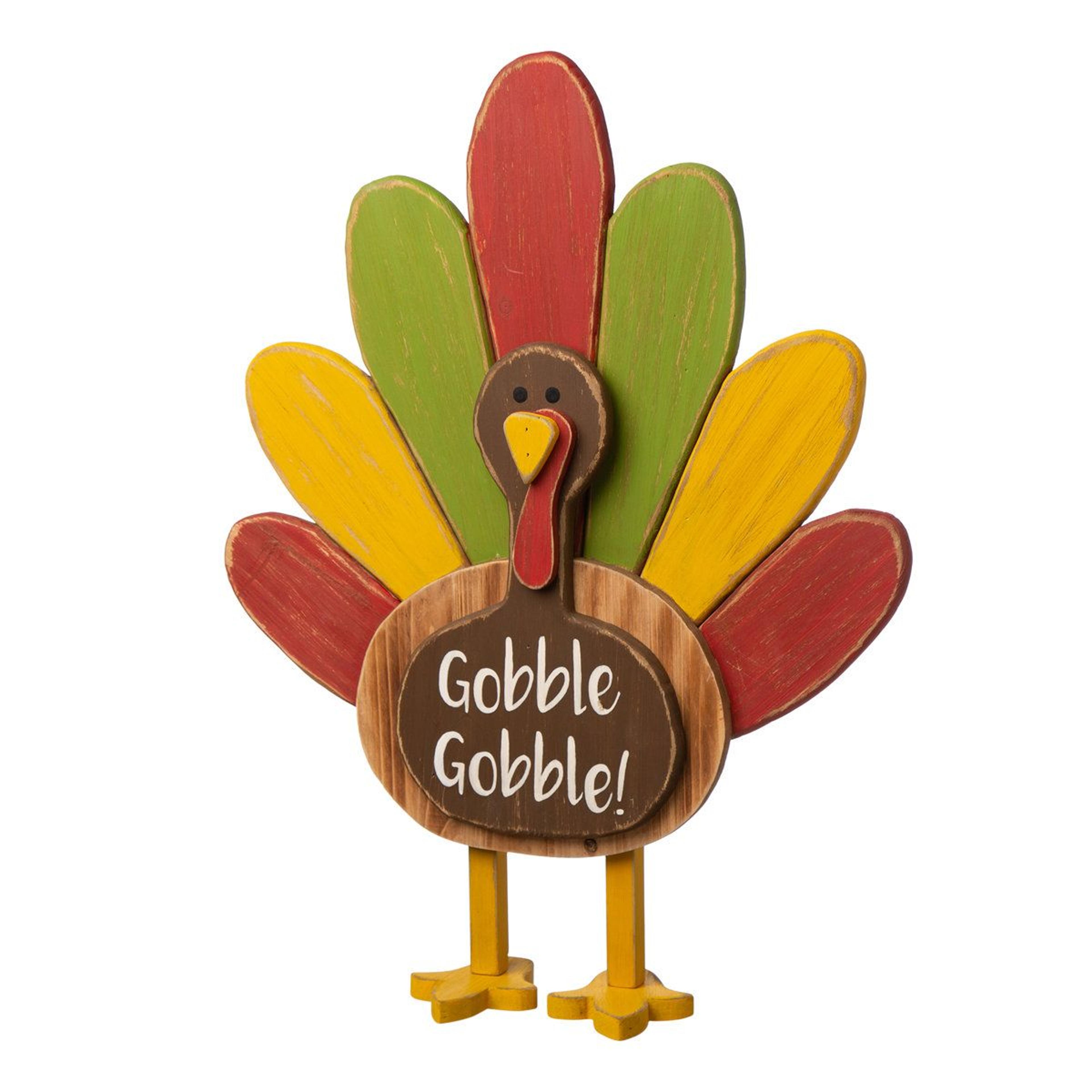 Thanksgiving Wooden Turkey Standing Decor With Colorful Tail And Gobble Sign 3