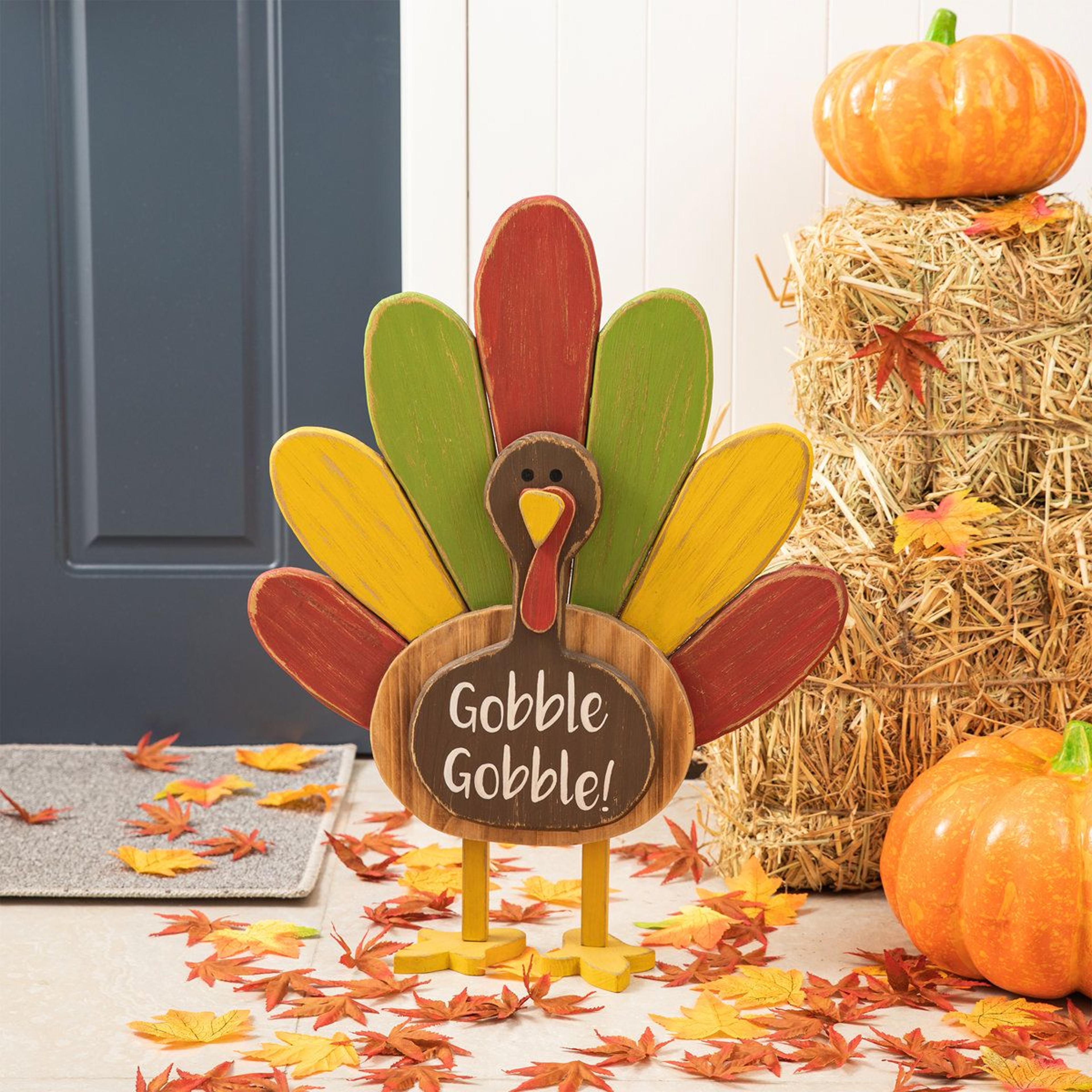 Thanksgiving Wooden Turkey Standing Decor With Colorful Tail And Gobble Sign 11