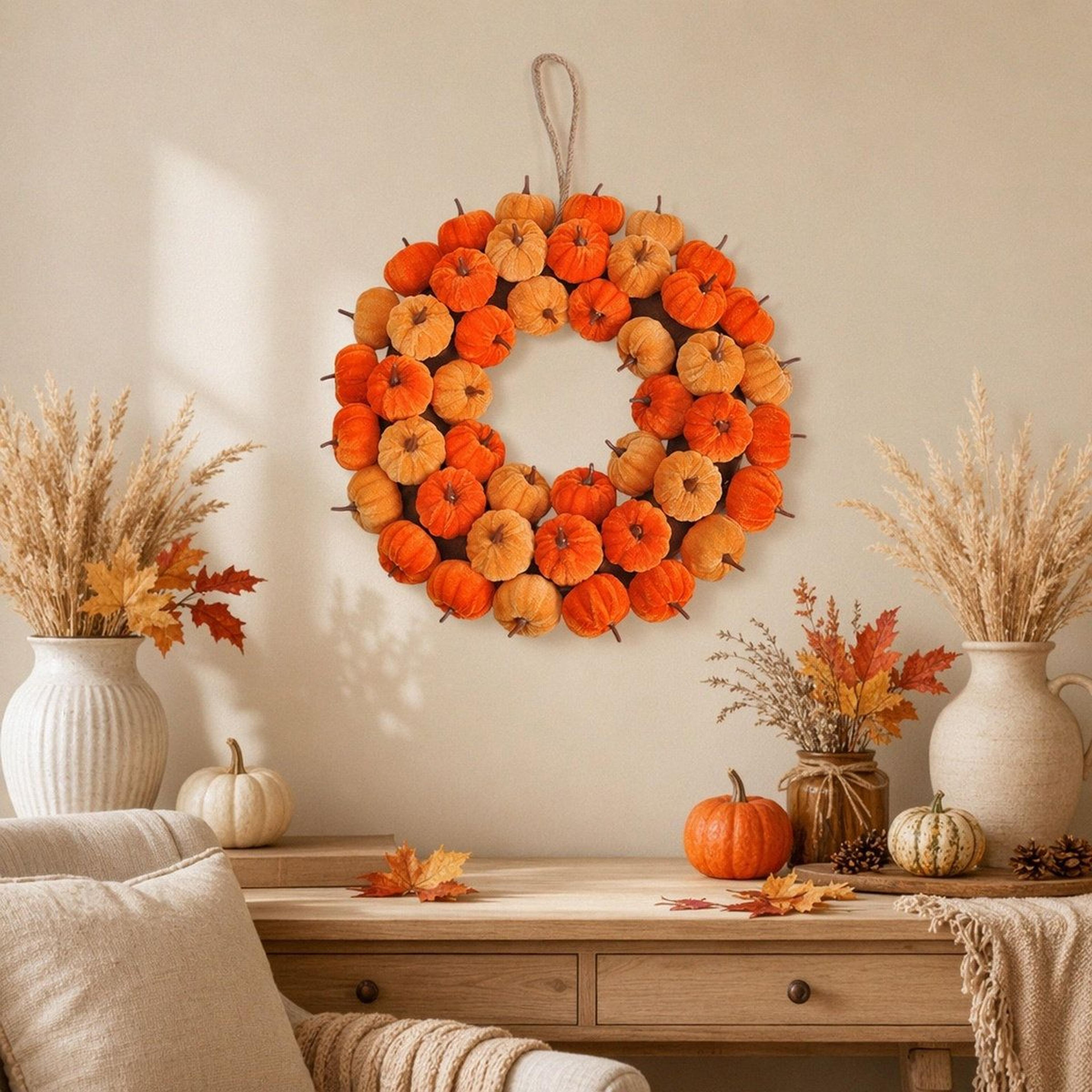 Artificial Fall Pumpkin Wreath For Thanksgiving And Autumn Door Decor 1