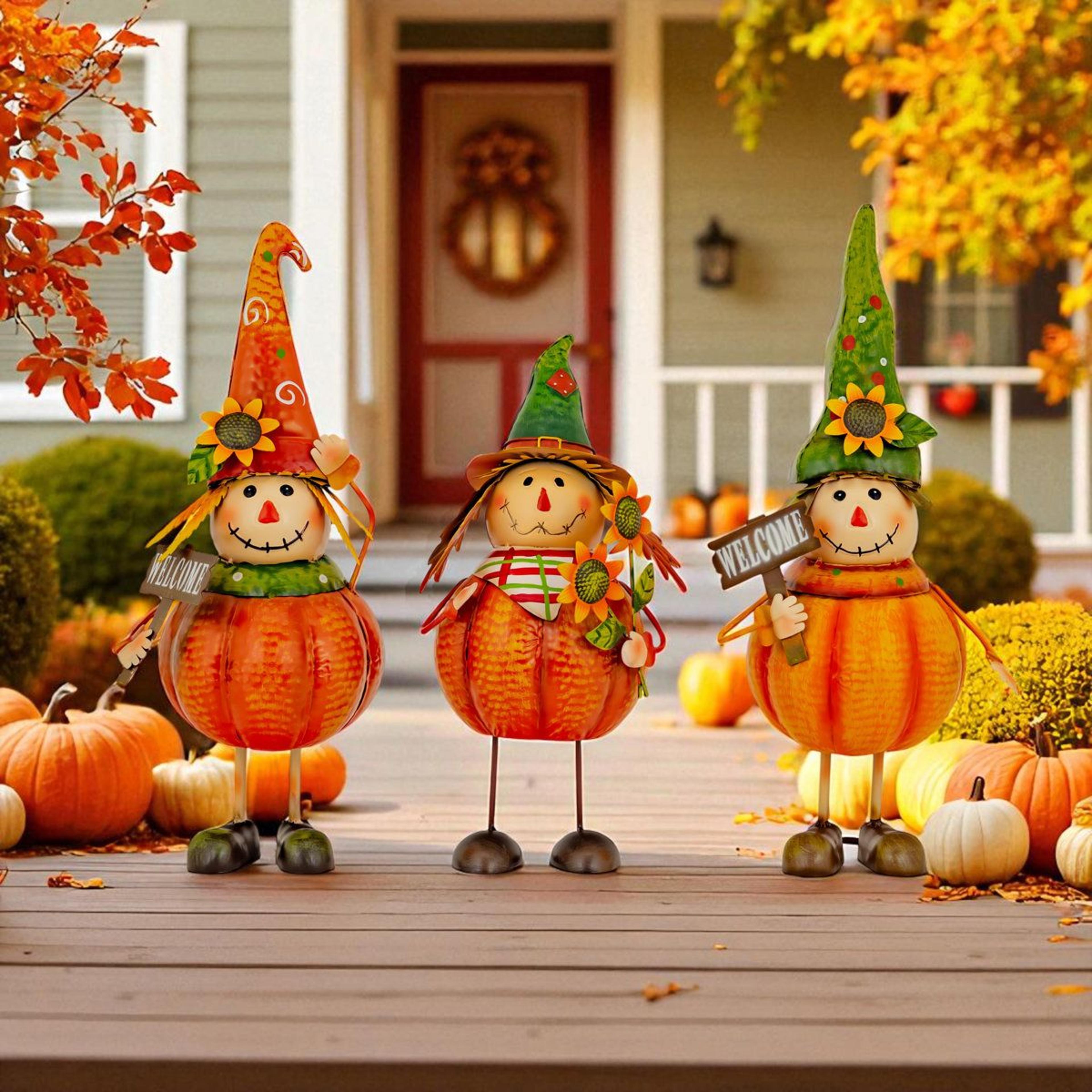 set of 3 pumpkin scarecrow figurines – hand-painted fall and thanksgiving decorations