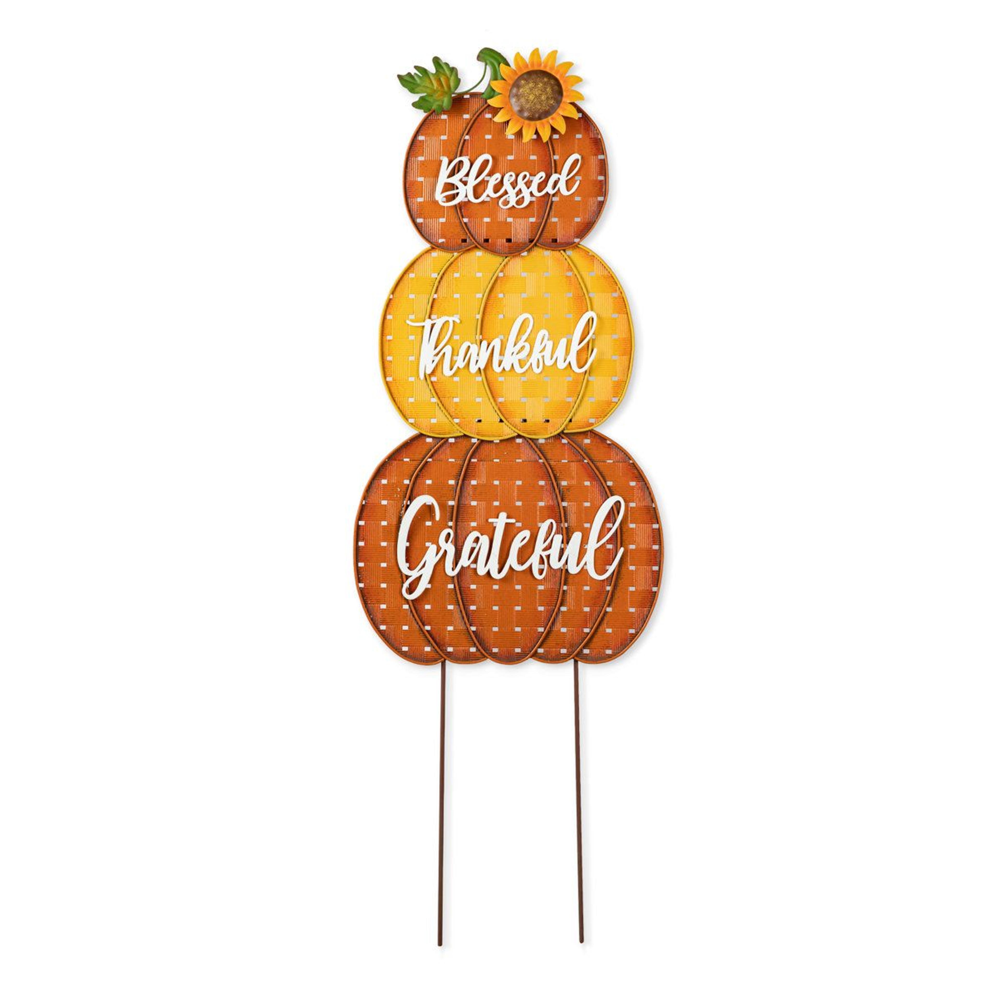 35.5-inch thanksgiving stacked pumpkins metal yard stake for outdoor fall decor