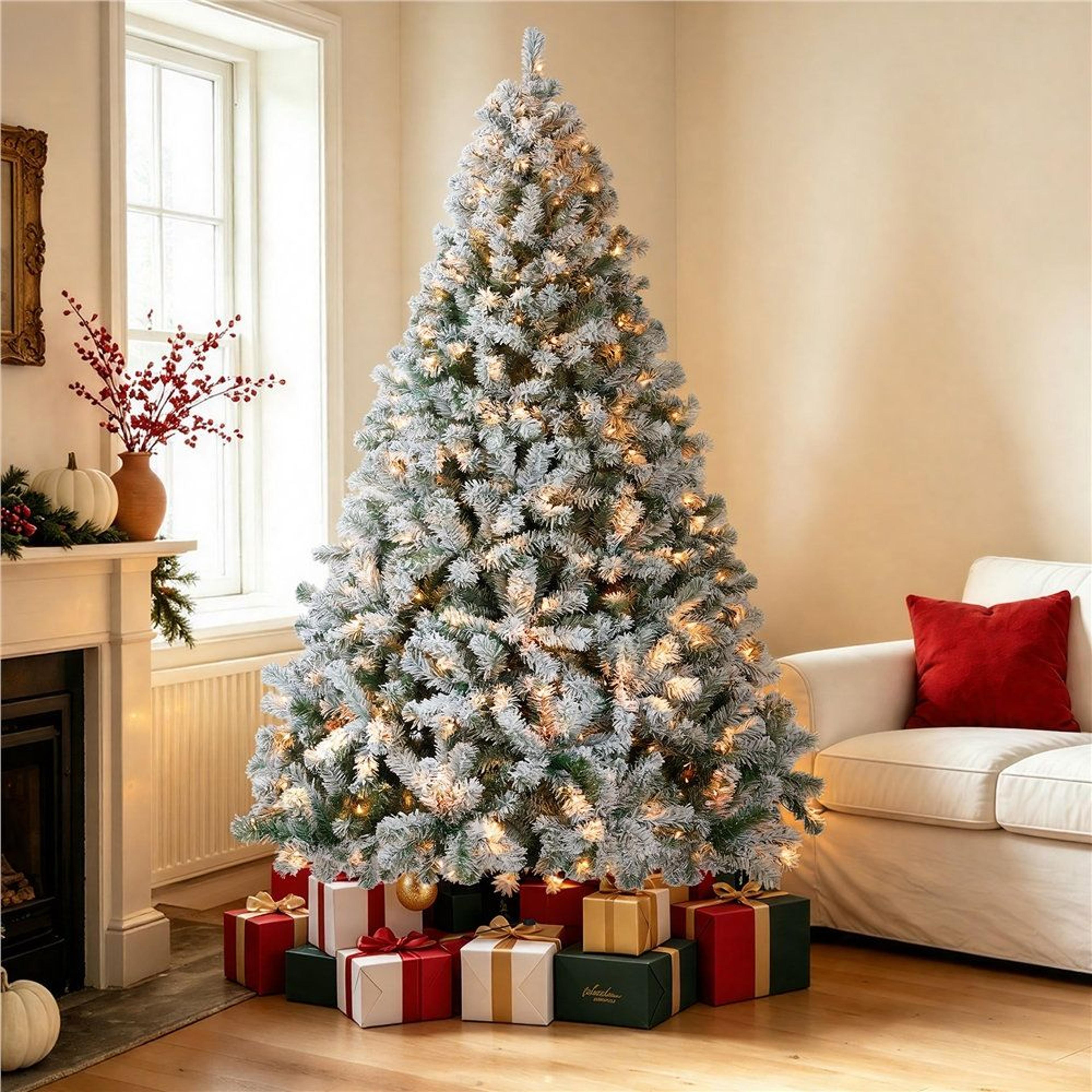 75 Ft PreLit Flocked Artificial Christmas Tree With Warm White Lights 2