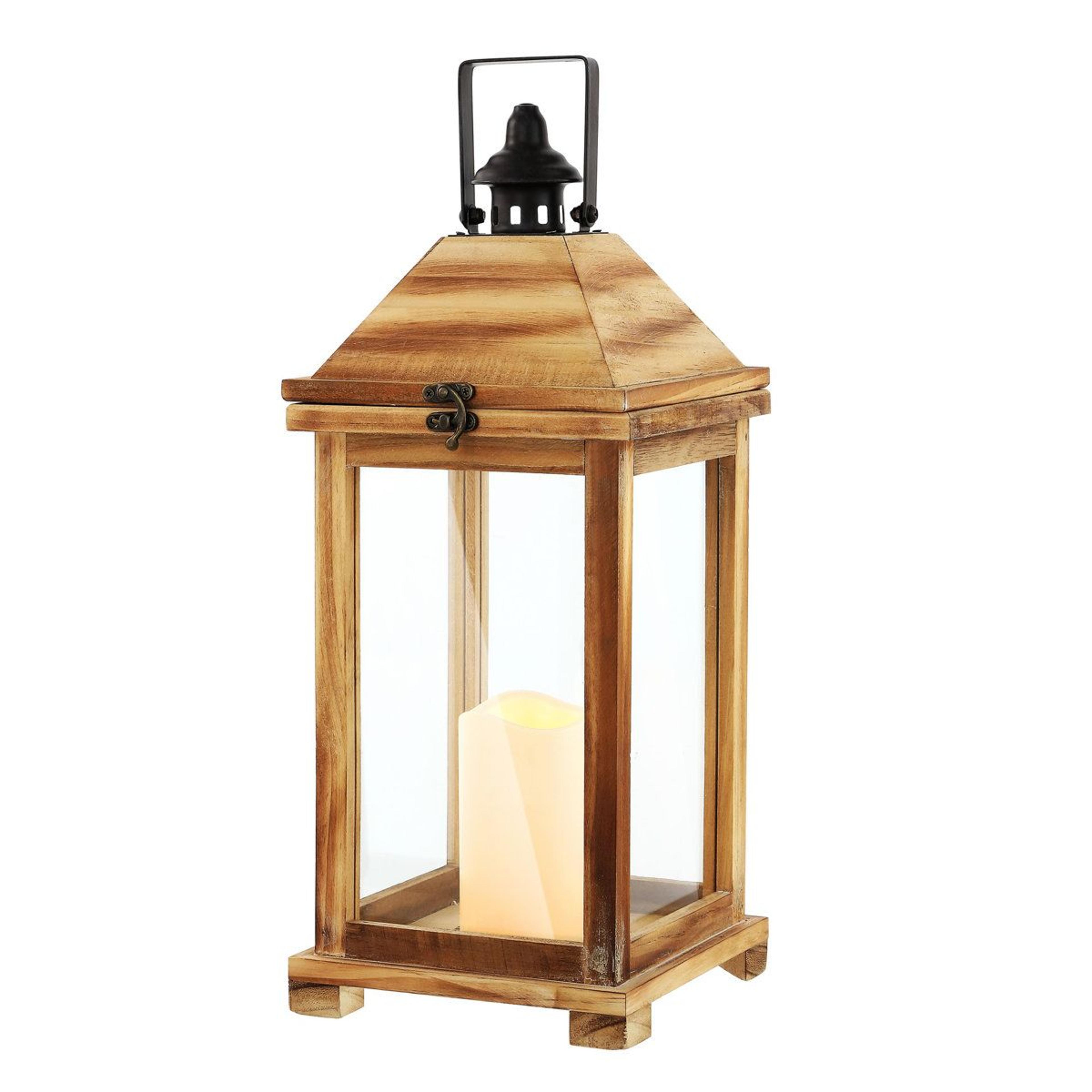 battery powered outdoor lantern with solid wood frame and flameless candle
