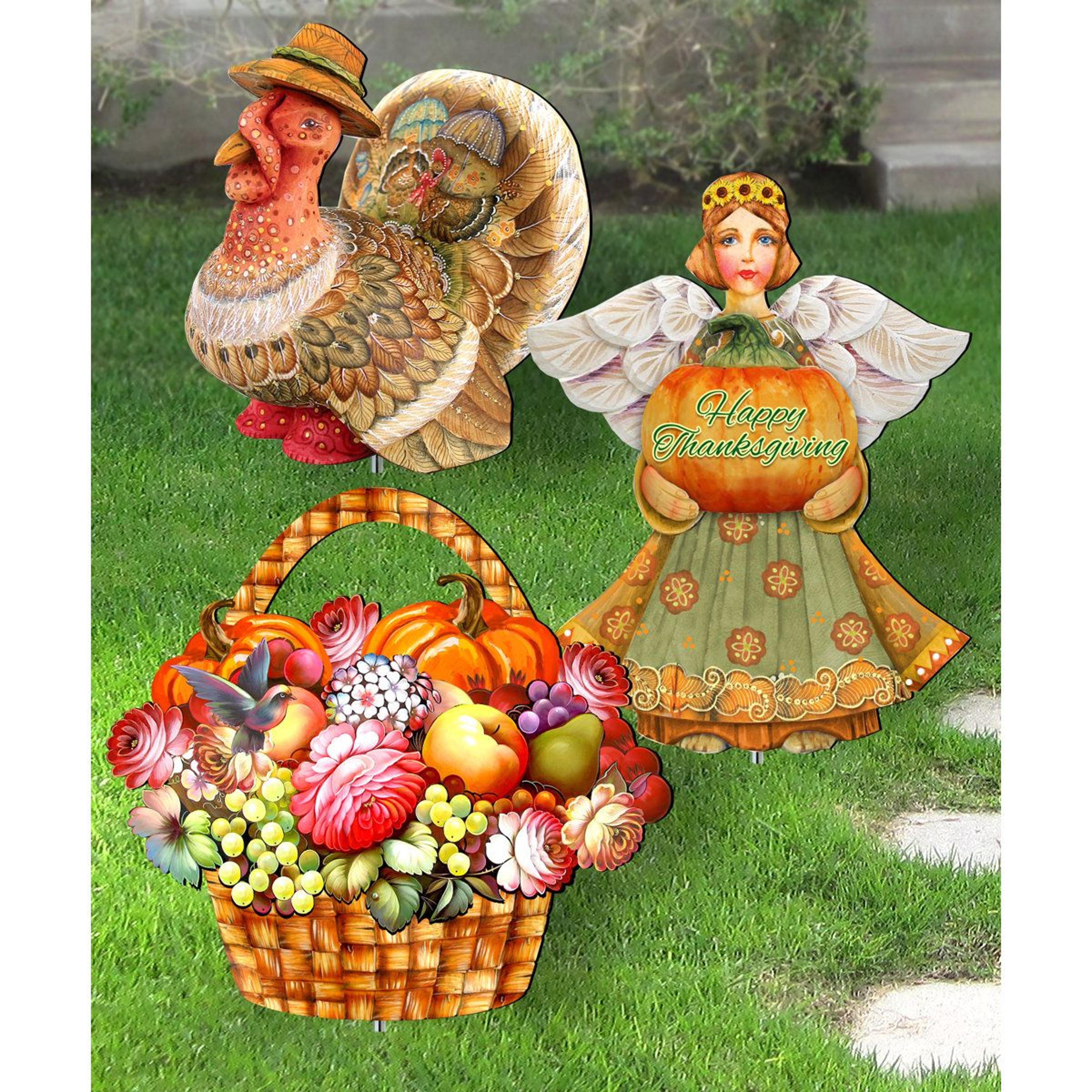 weather resistant thanksgiving turkey and pumpkin garden stake decoration