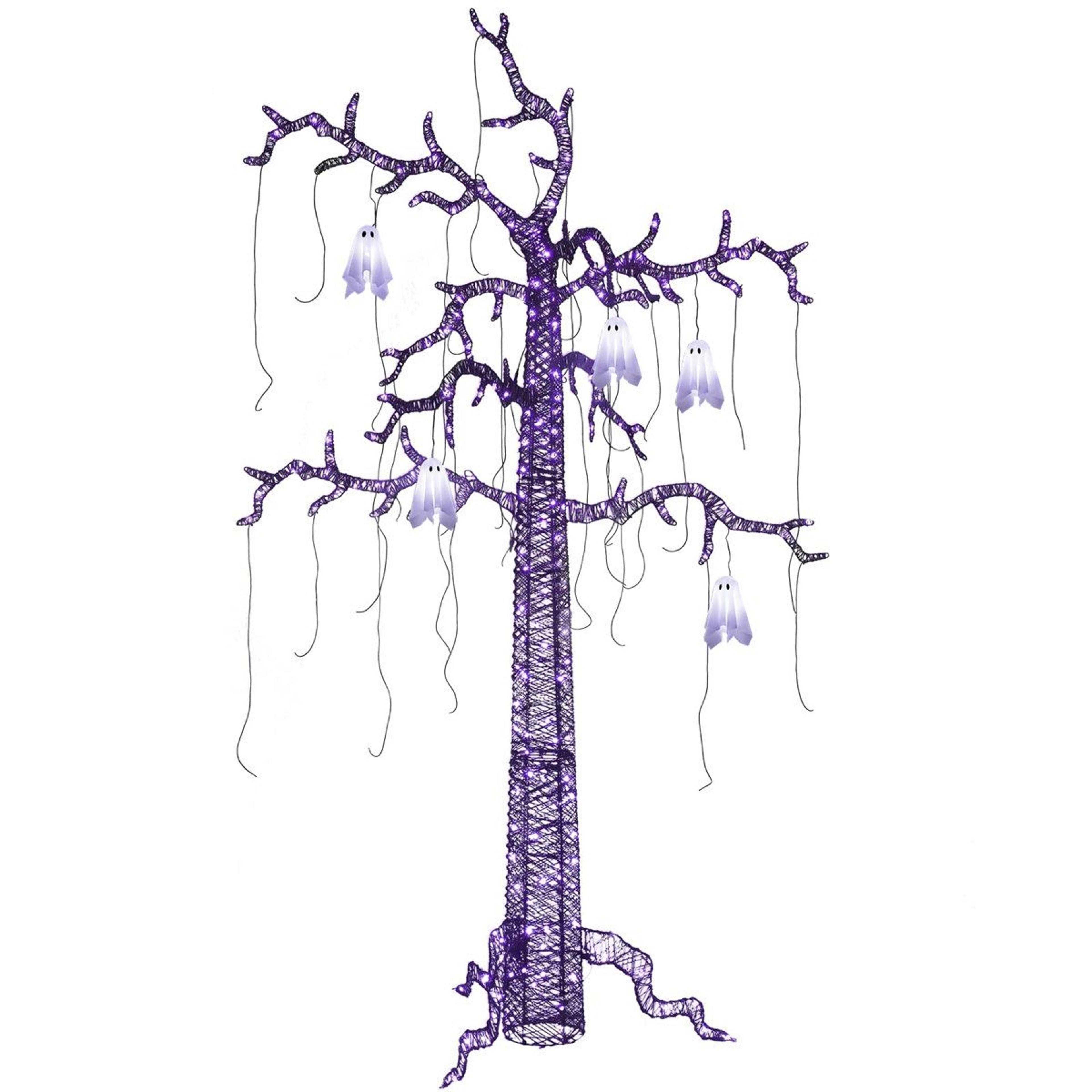 8ft lighted halloween tree with 355 purple led lights and hanging ghosts