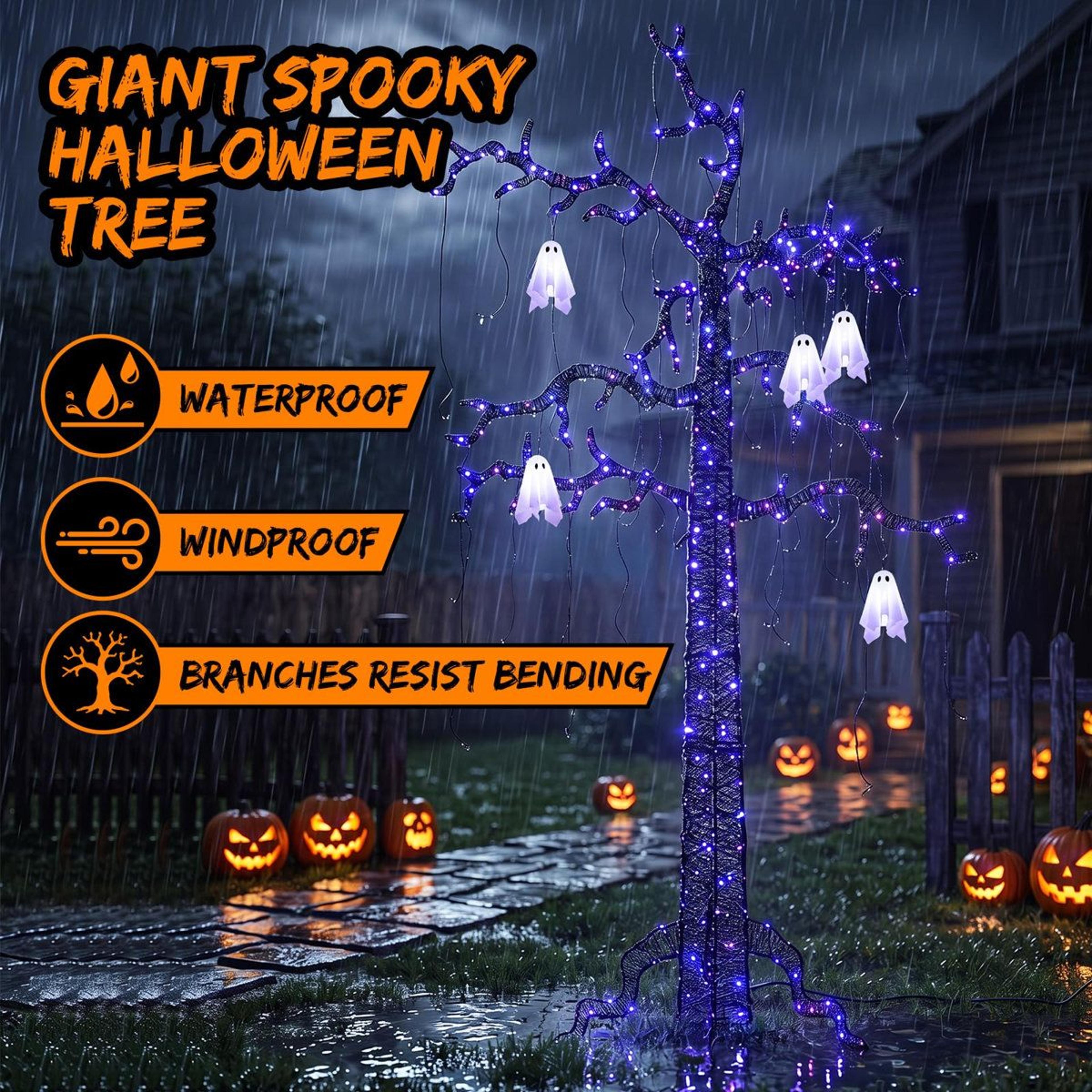 8FT Lighted Halloween Tree With 355 Purple LED Lights And Hanging Ghosts 4