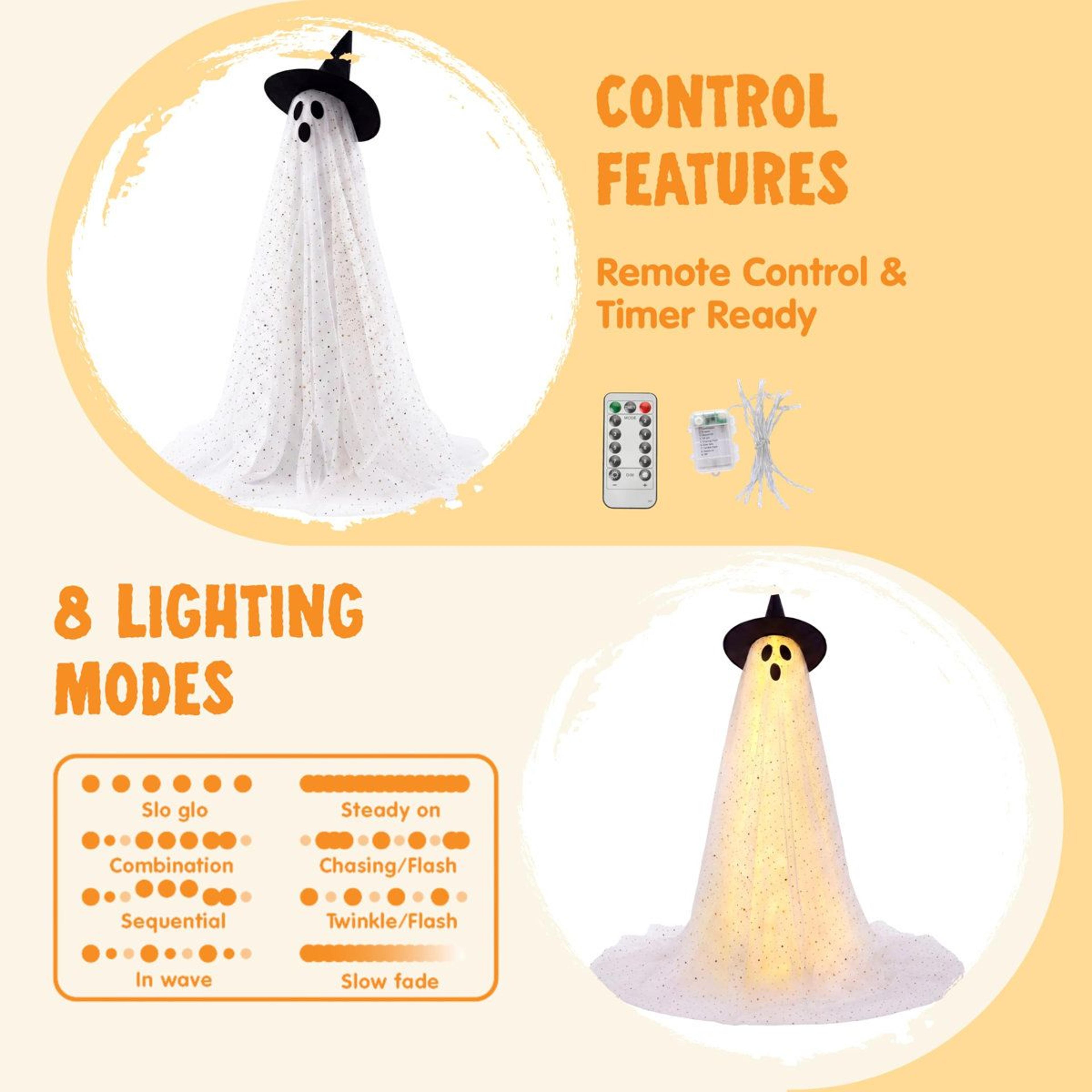Set Of 2 Halloween Standing Ghost Decorations With Warm White Lights And Witch Hats 5