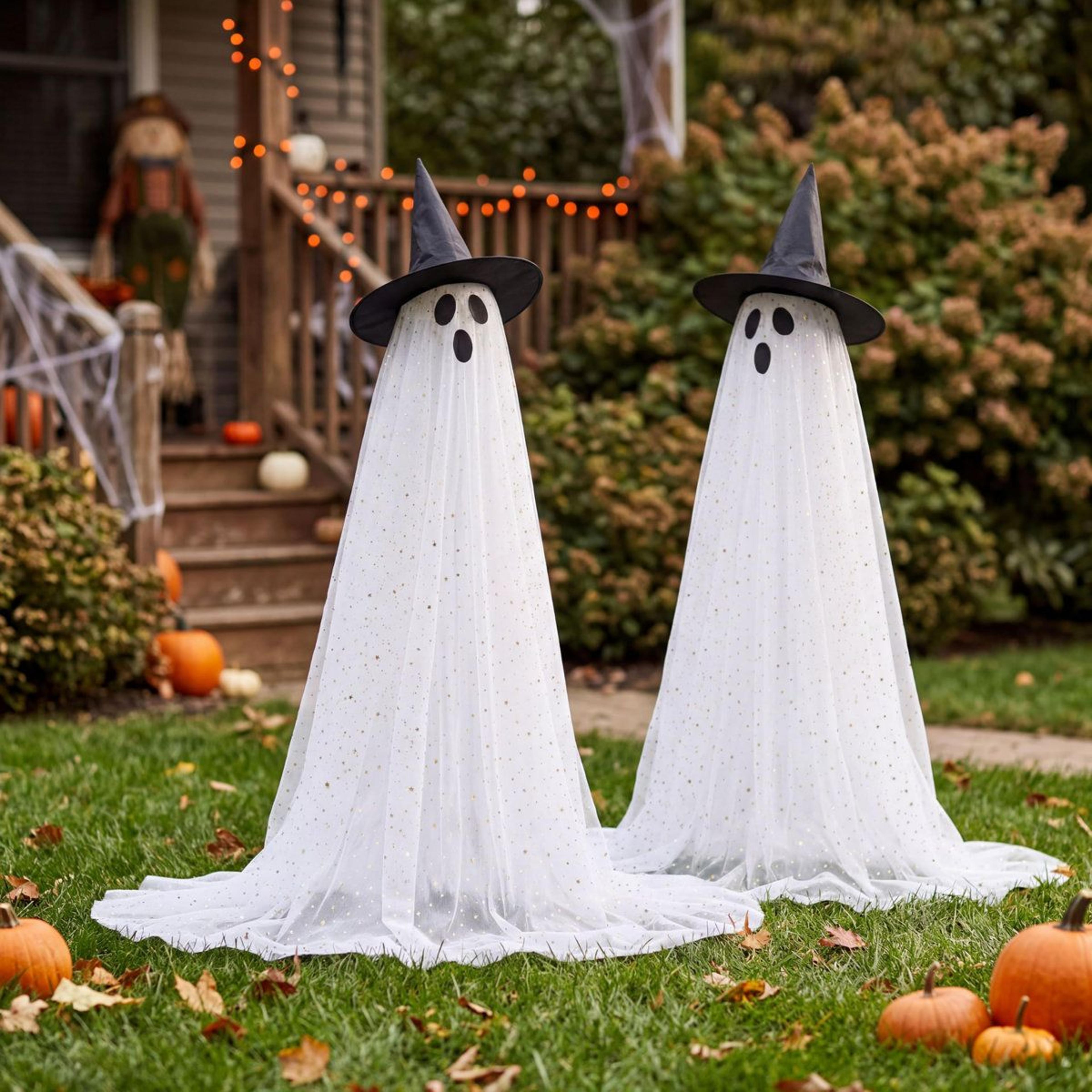 Set Of 2 Halloween Standing Ghost Decorations With Warm White Lights And Witch Hats 4