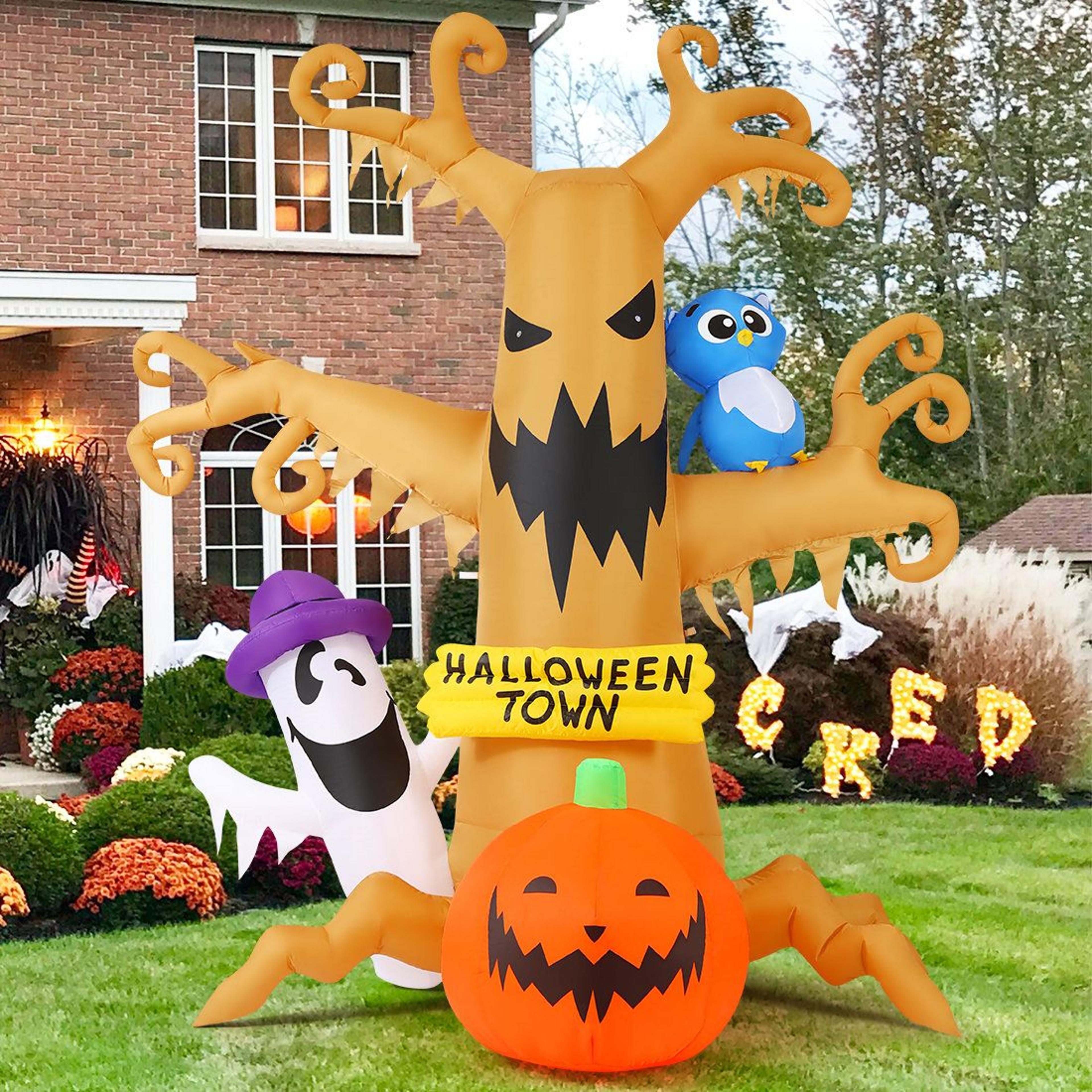 8 ft led halloween inflatable haunted tree with ghost pumpkin and owl