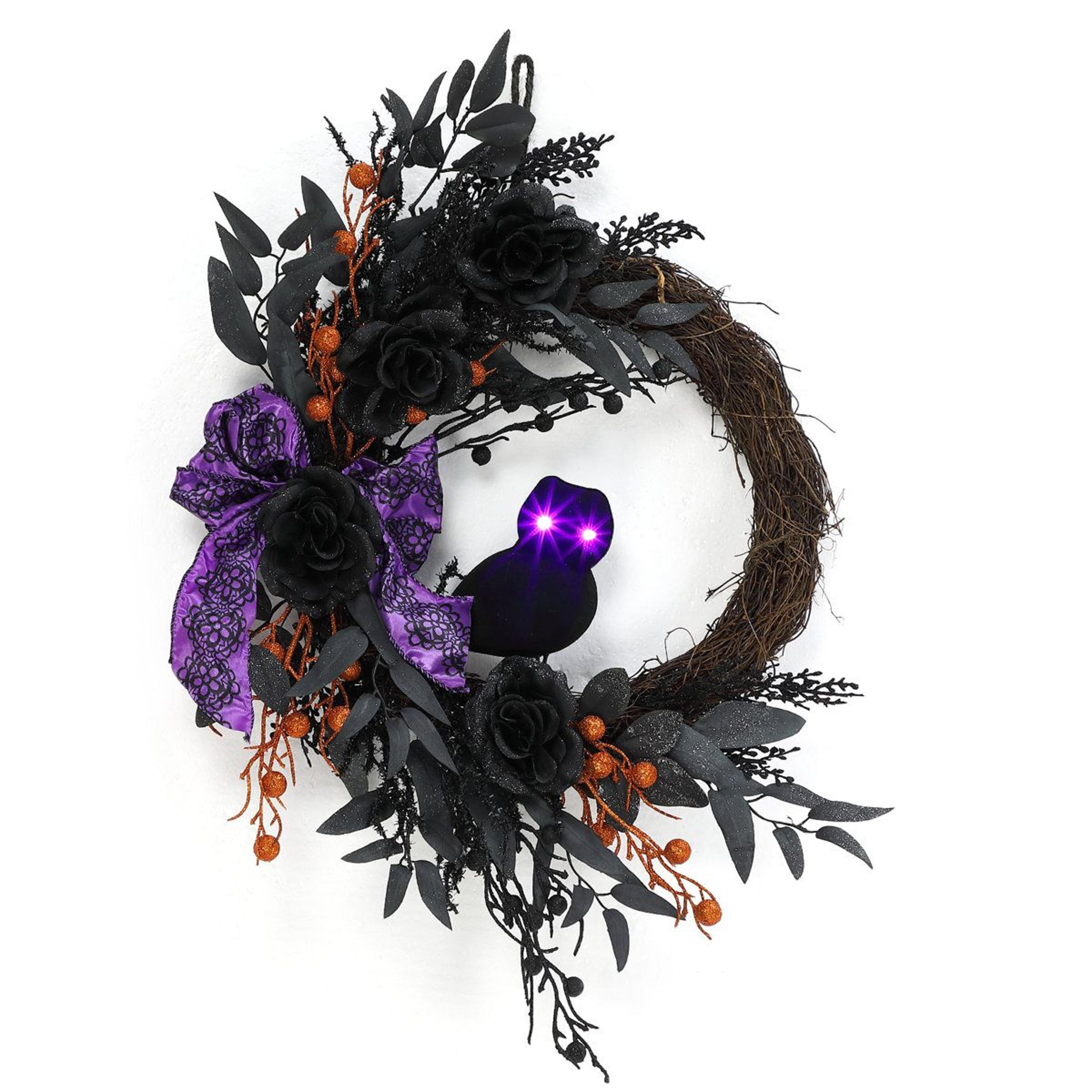 22 inch halloween wreath with lighted owl eyes and black willow leaves