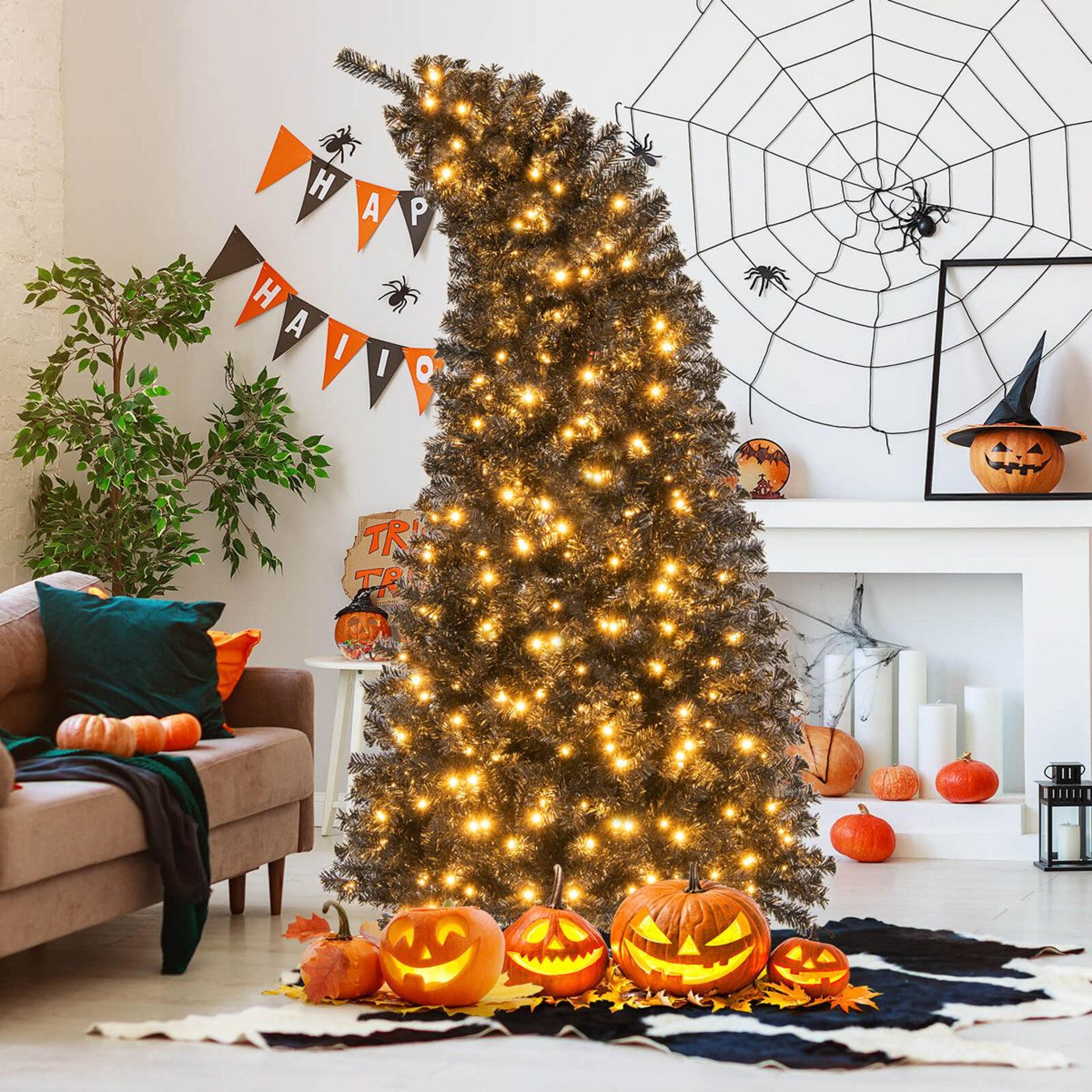 7 ft pre-lit black halloween tree with 340 led lights and bendable top