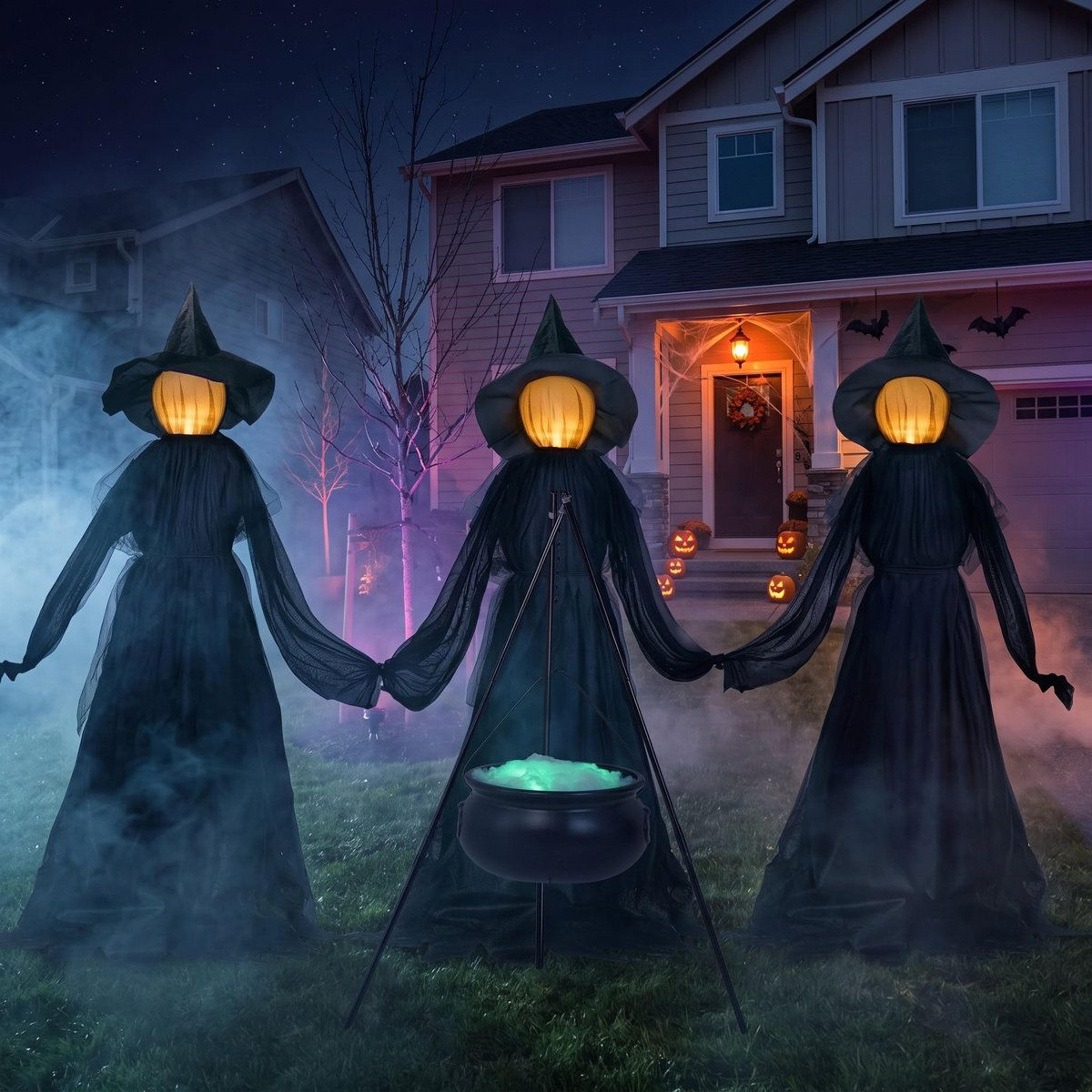 Halloween Witch Yard Decorations With LED Cauldron And 3 Witch Stakes 5