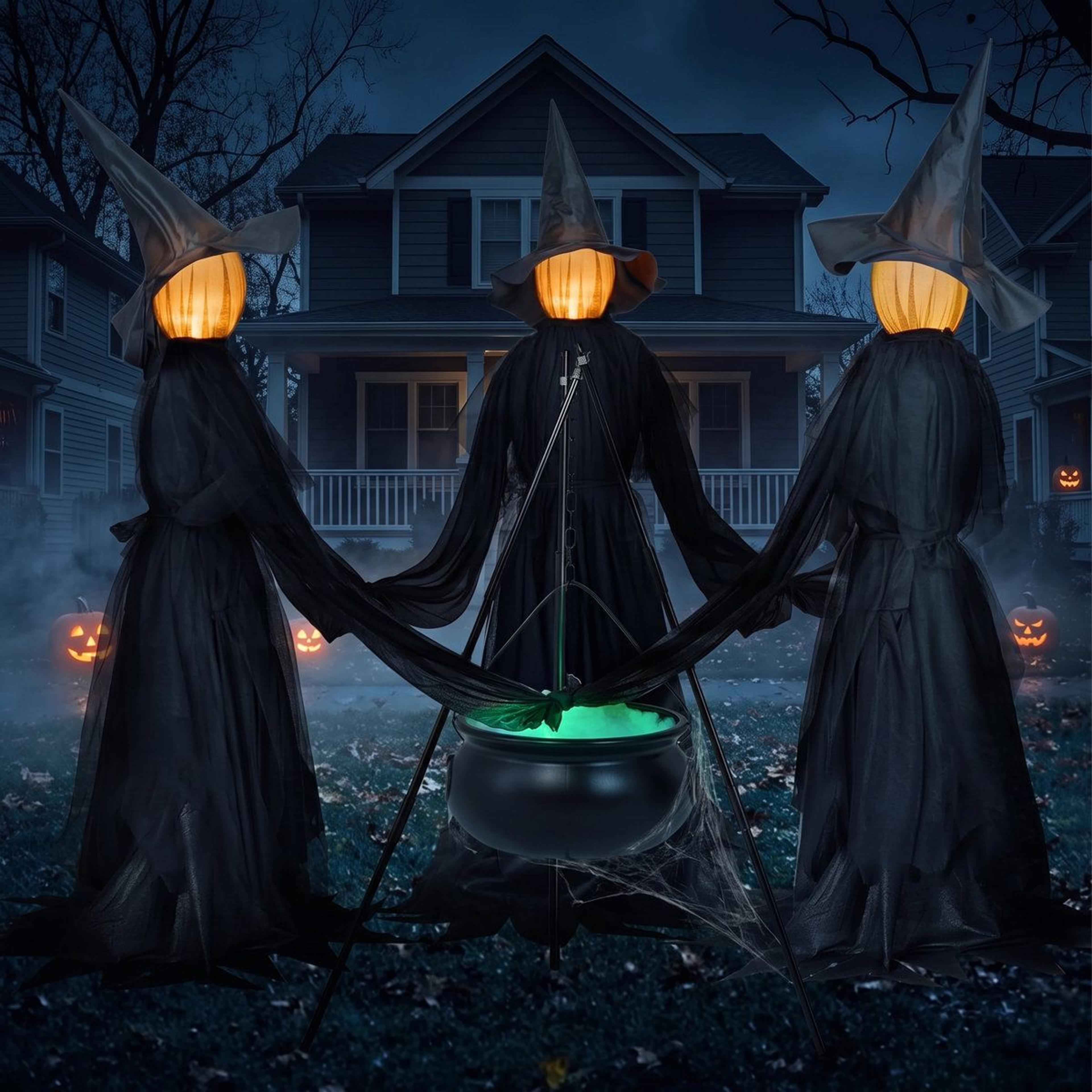 Halloween Witch Yard Decorations With LED Cauldron And 3 Witch Stakes 1