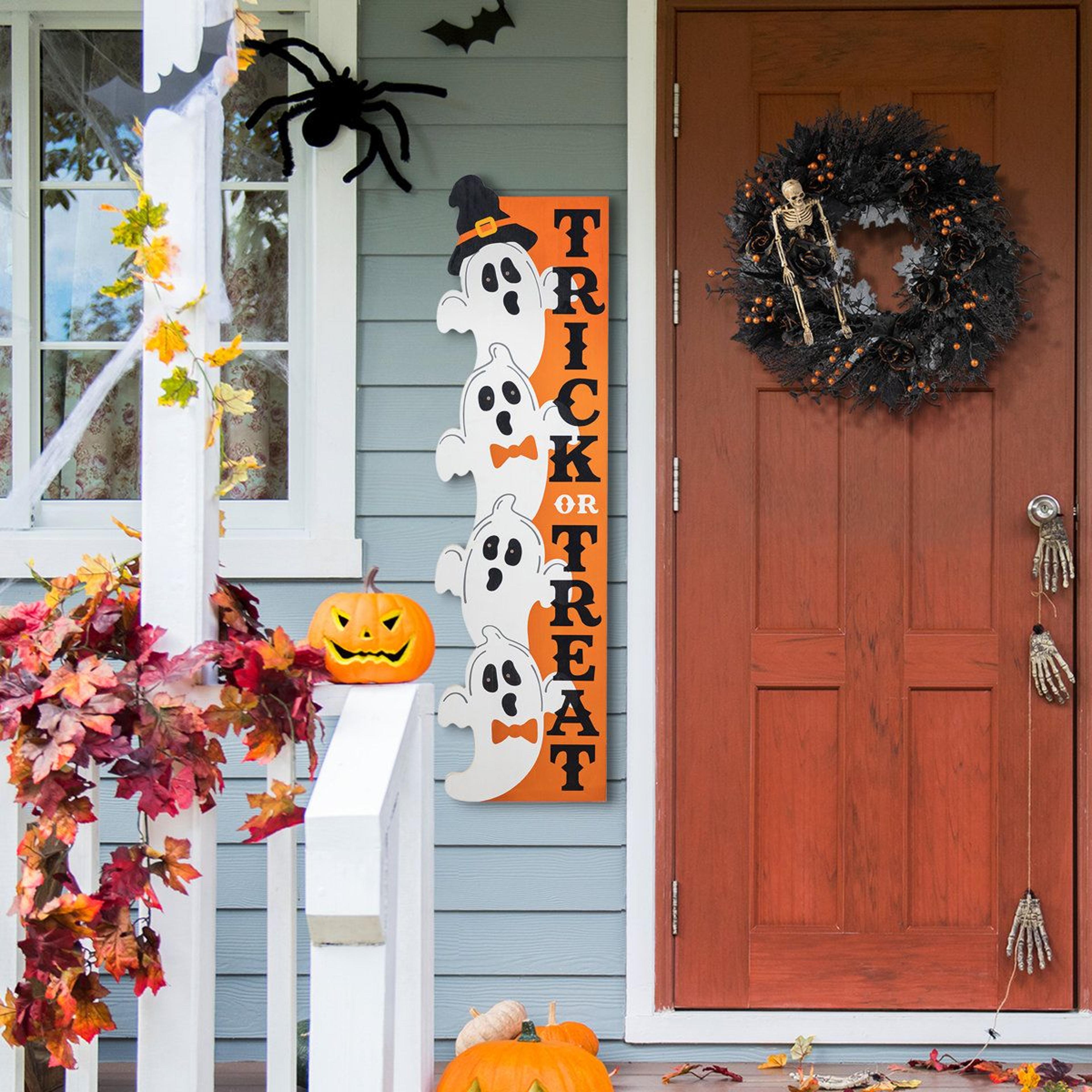 42Inch Lighted Halloween Stacked Ghost Porch Sign With Timer 6