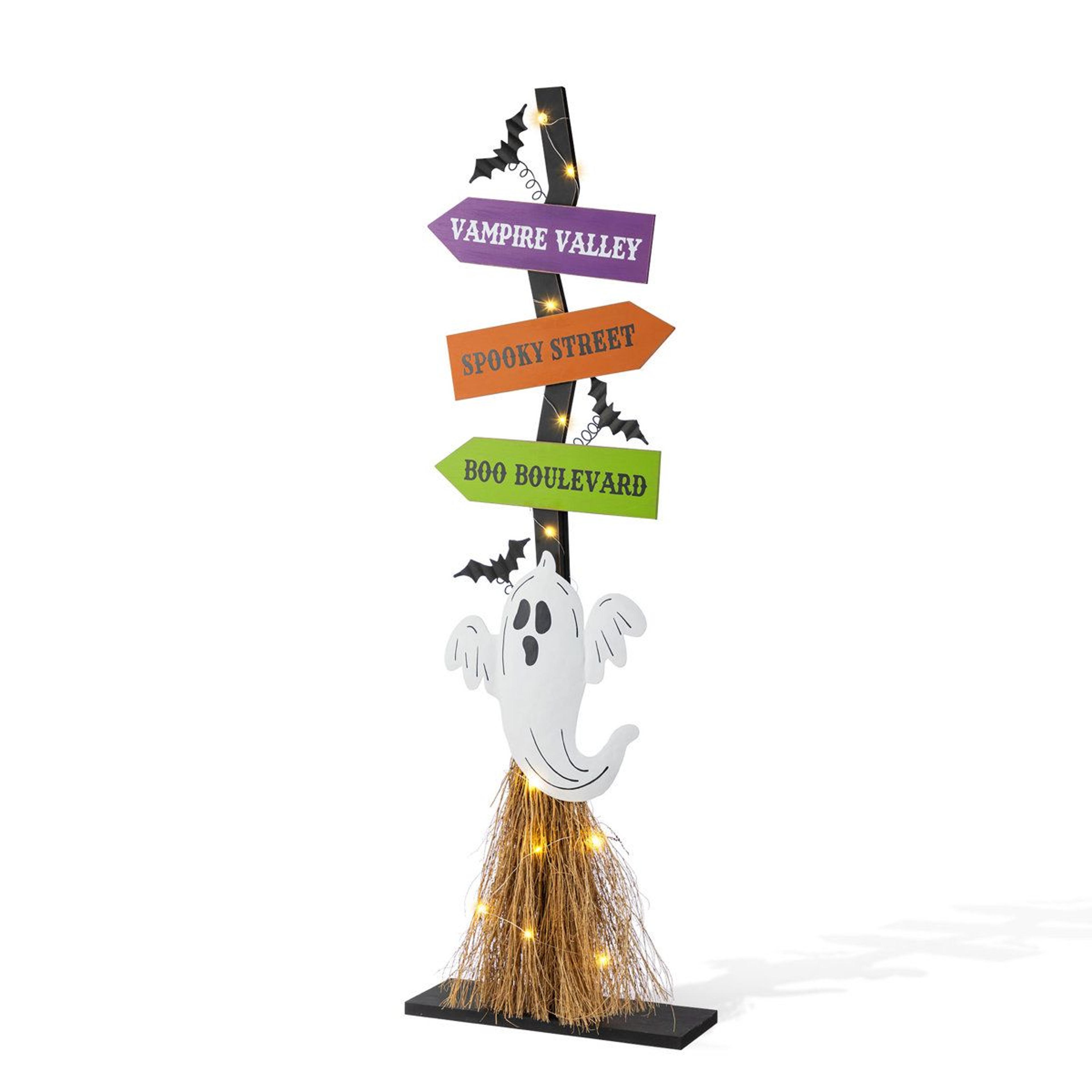 41.75-inch lighted ghost witch broom porch decor with timer and wooden base