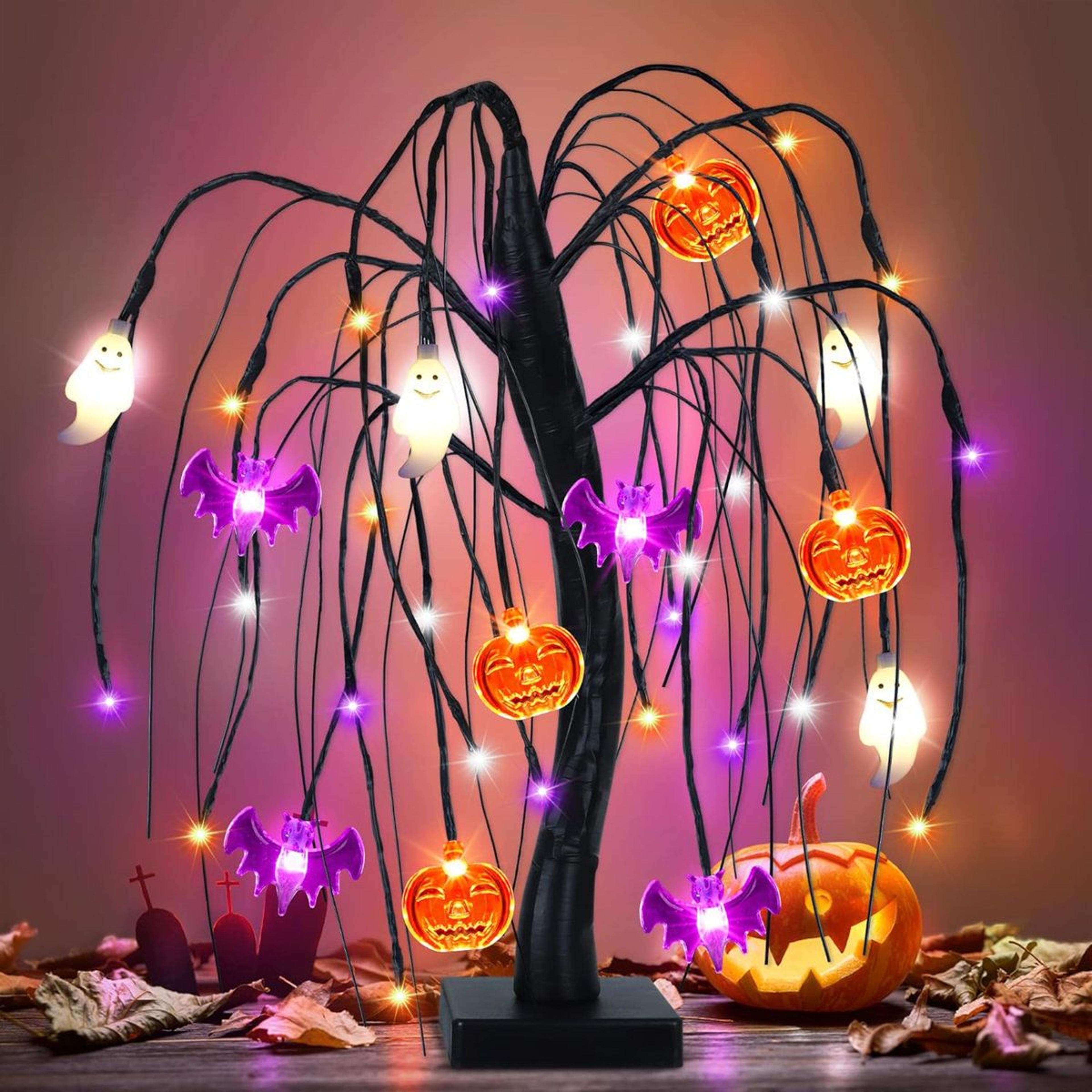 black halloween tabletop tree with orange purple and white led lights