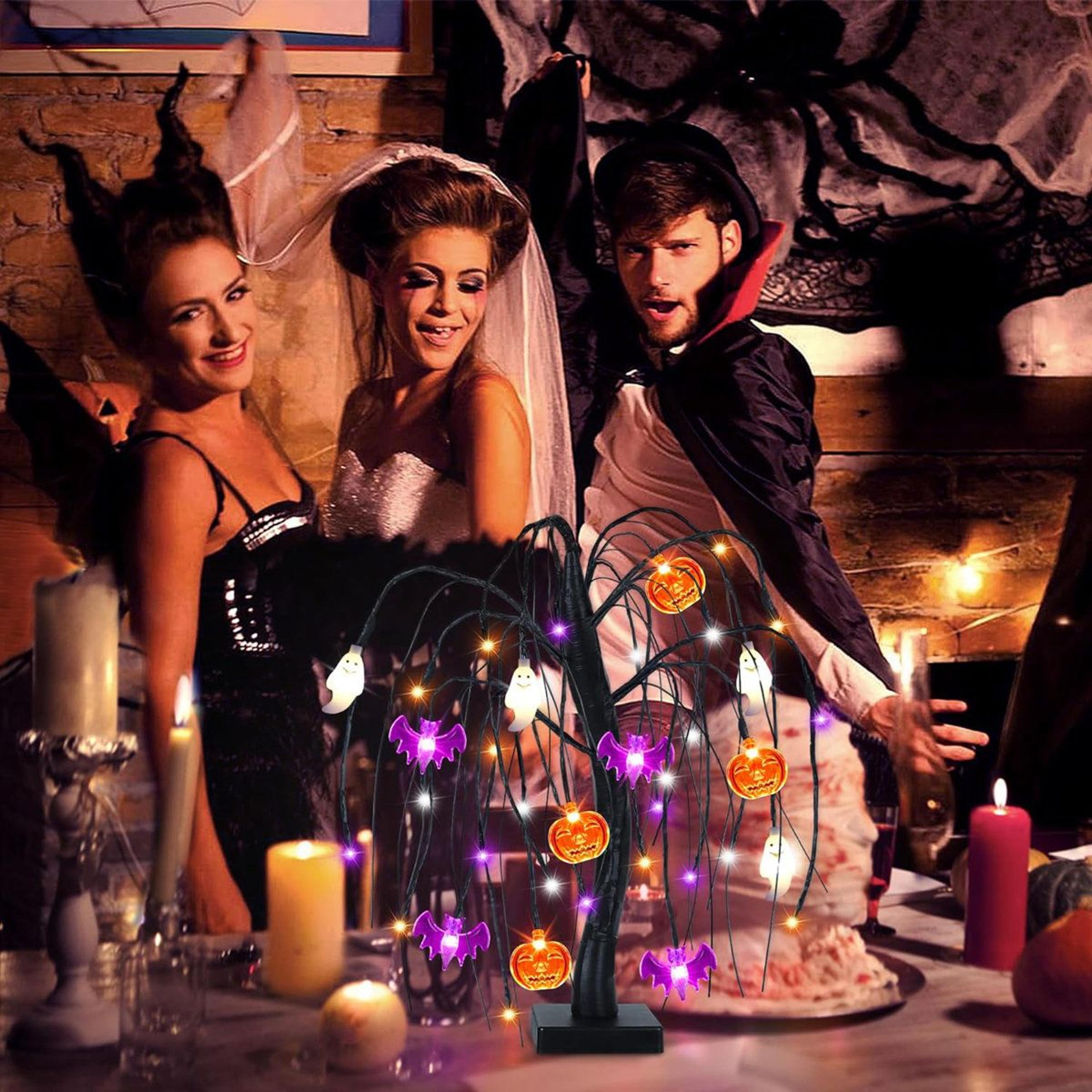 Black Halloween Tabletop Tree With Orange Purple And White LED Lights 3