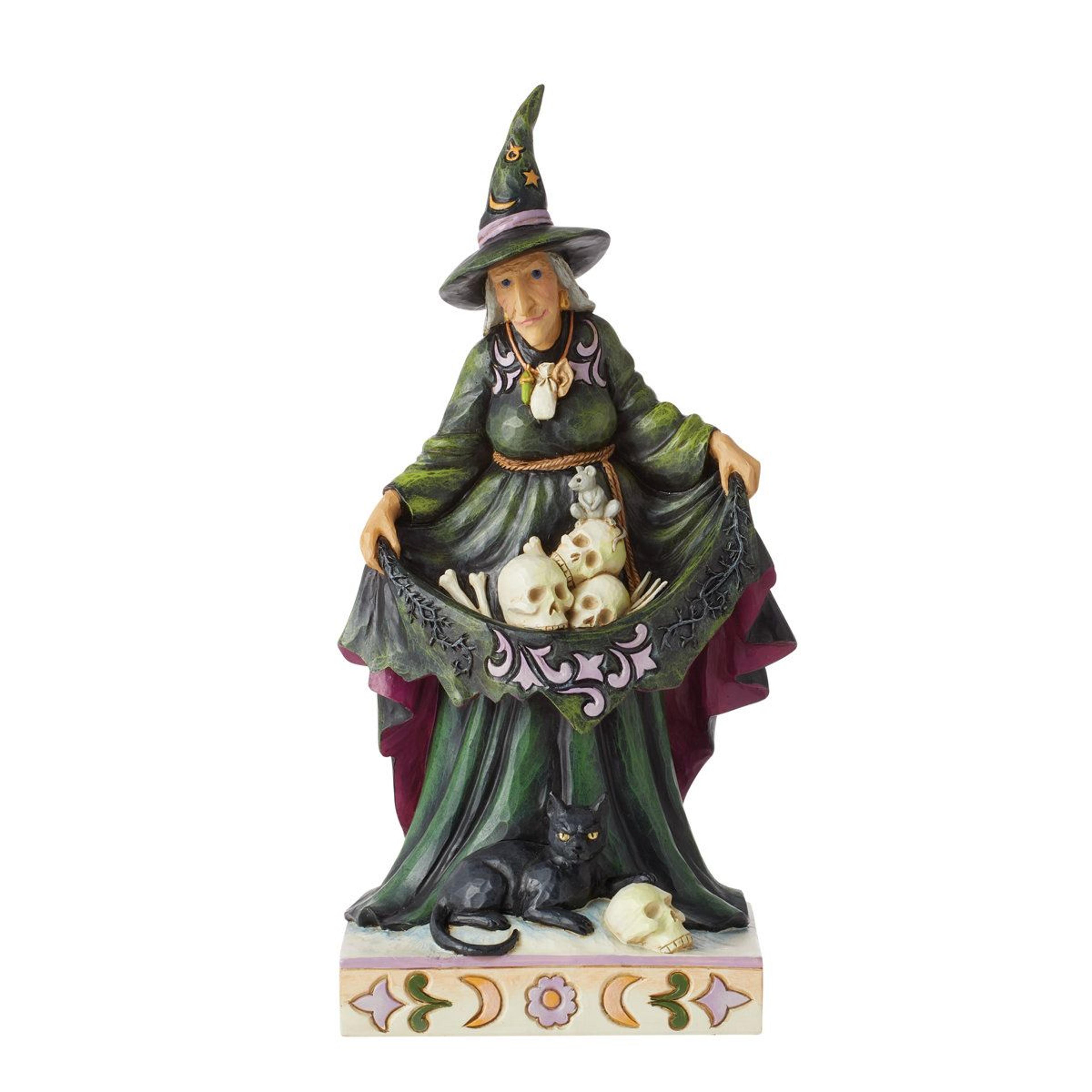 halloween witch figurine with skulls and black cat hand-painted resin decor