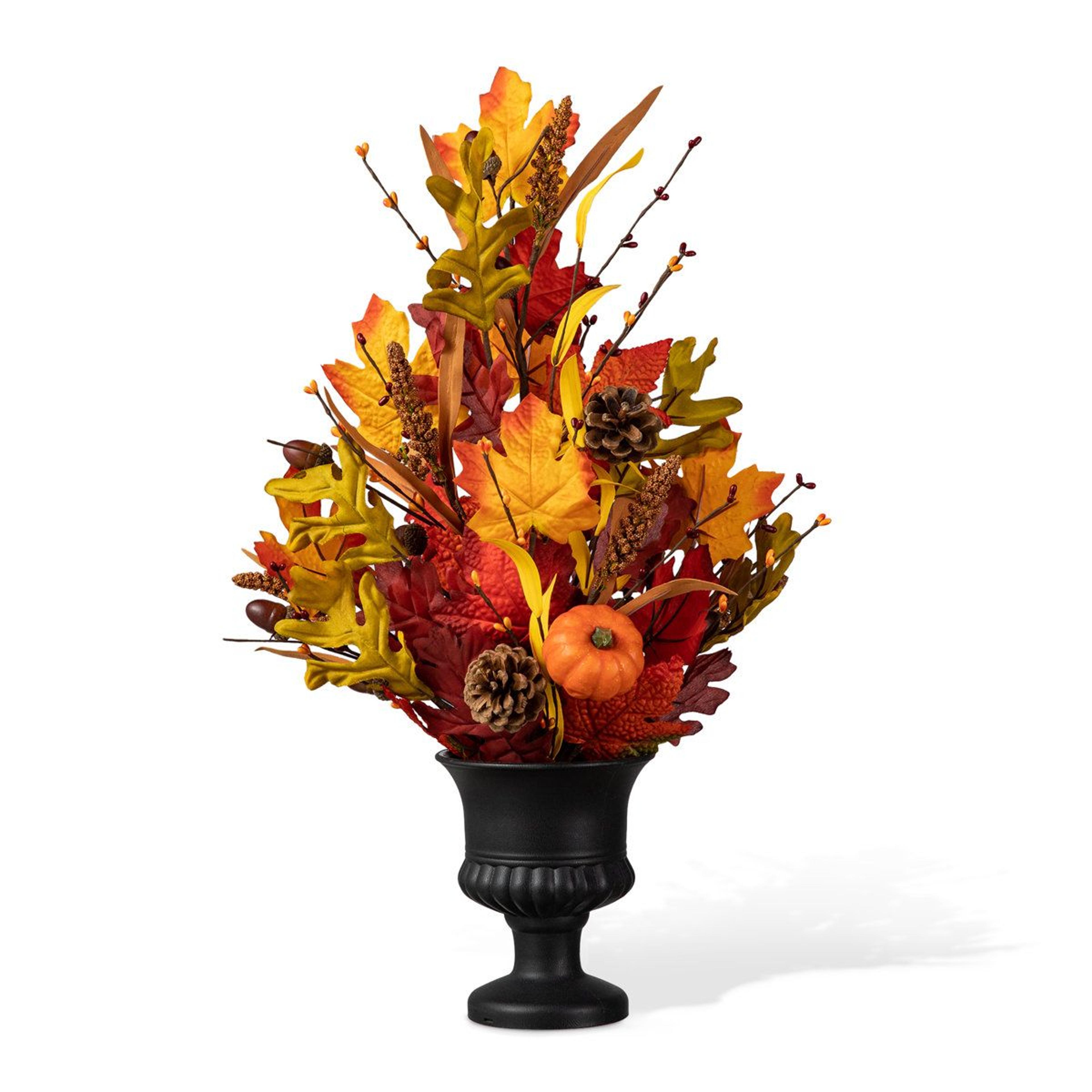24 inch artificial fall maple leaf tabletop tree with pumpkins and urn base