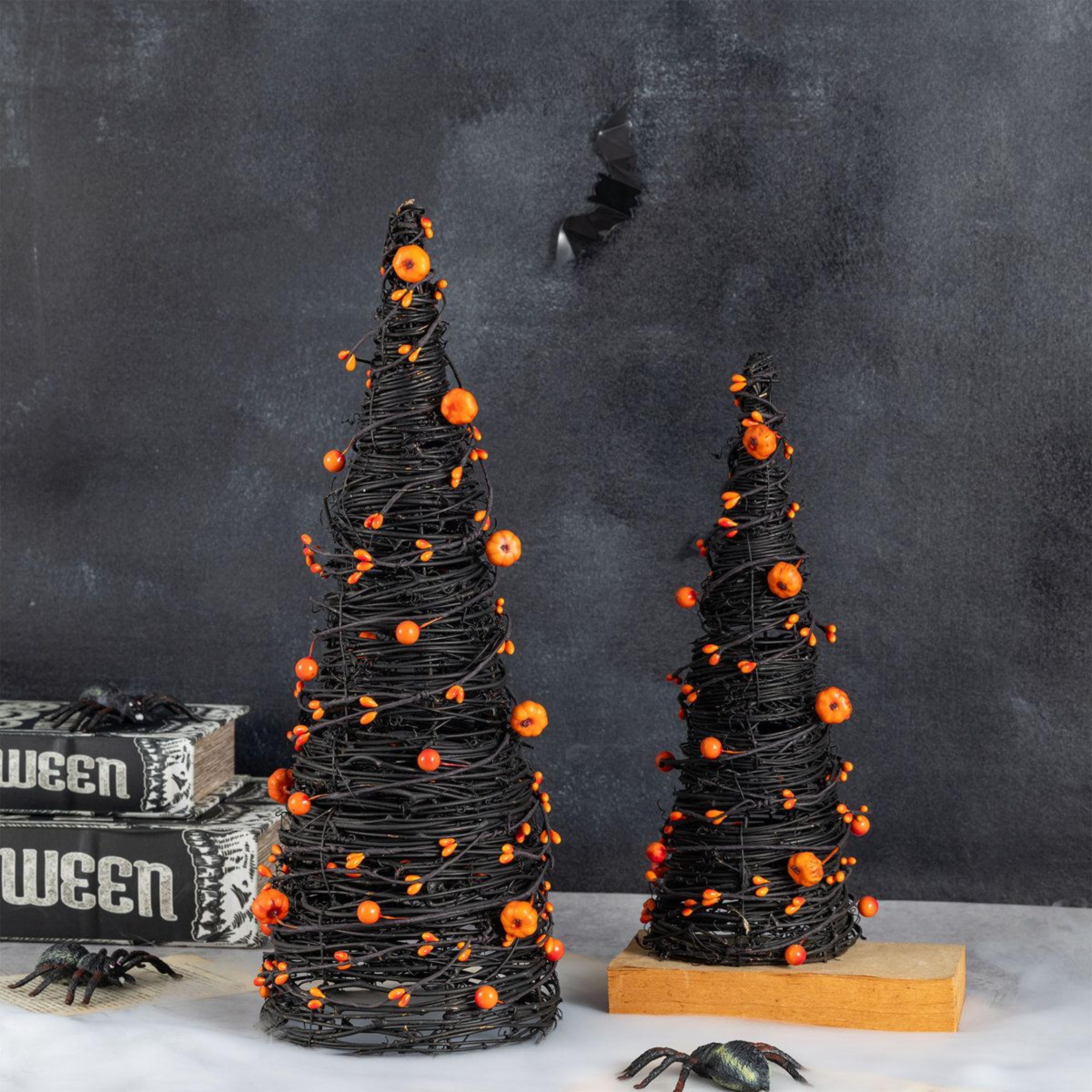 Halloween Eucalyptus Cone Trees With Bats And Pumpkins Set Of 2 2