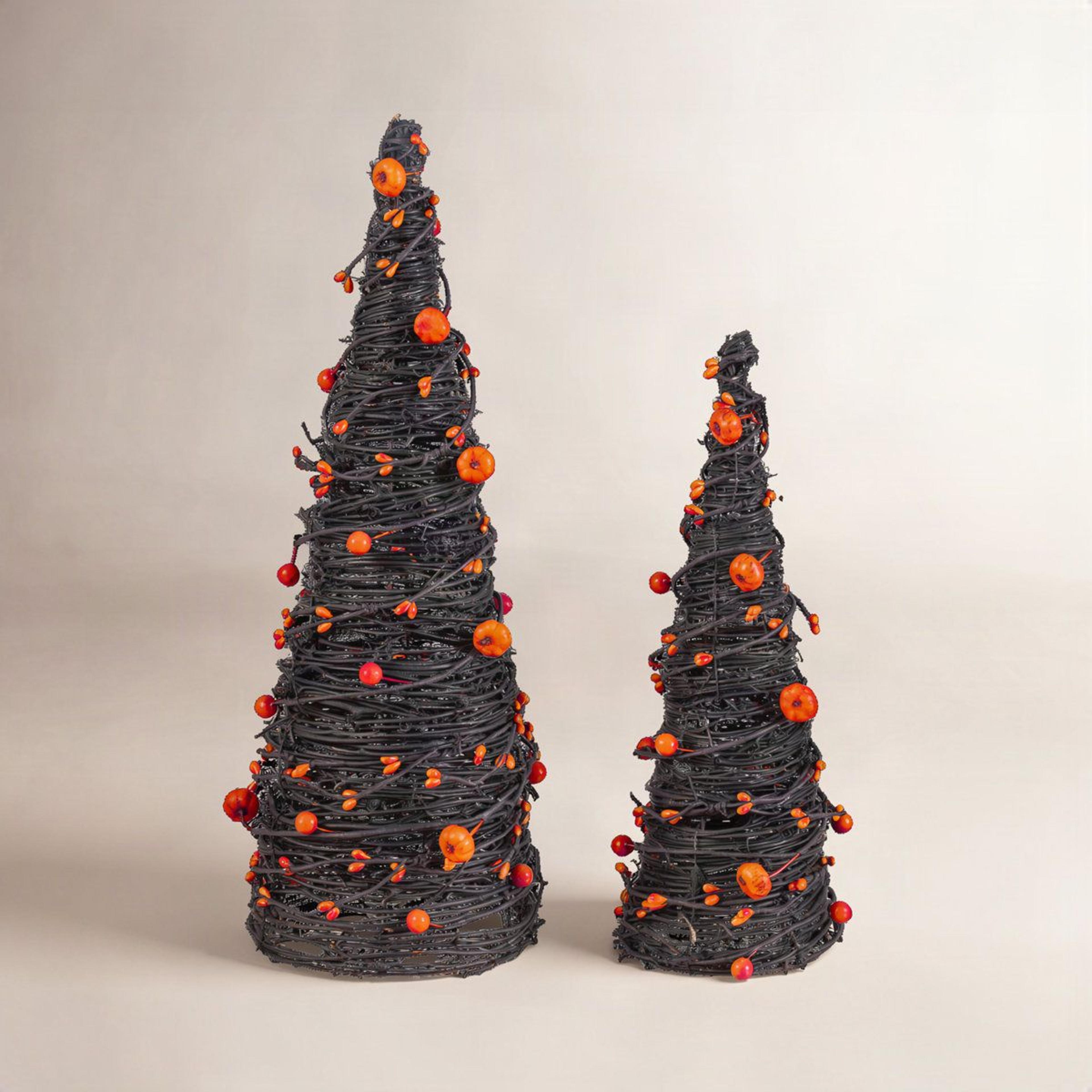 halloween eucalyptus cone trees with bats and pumpkins set of 2