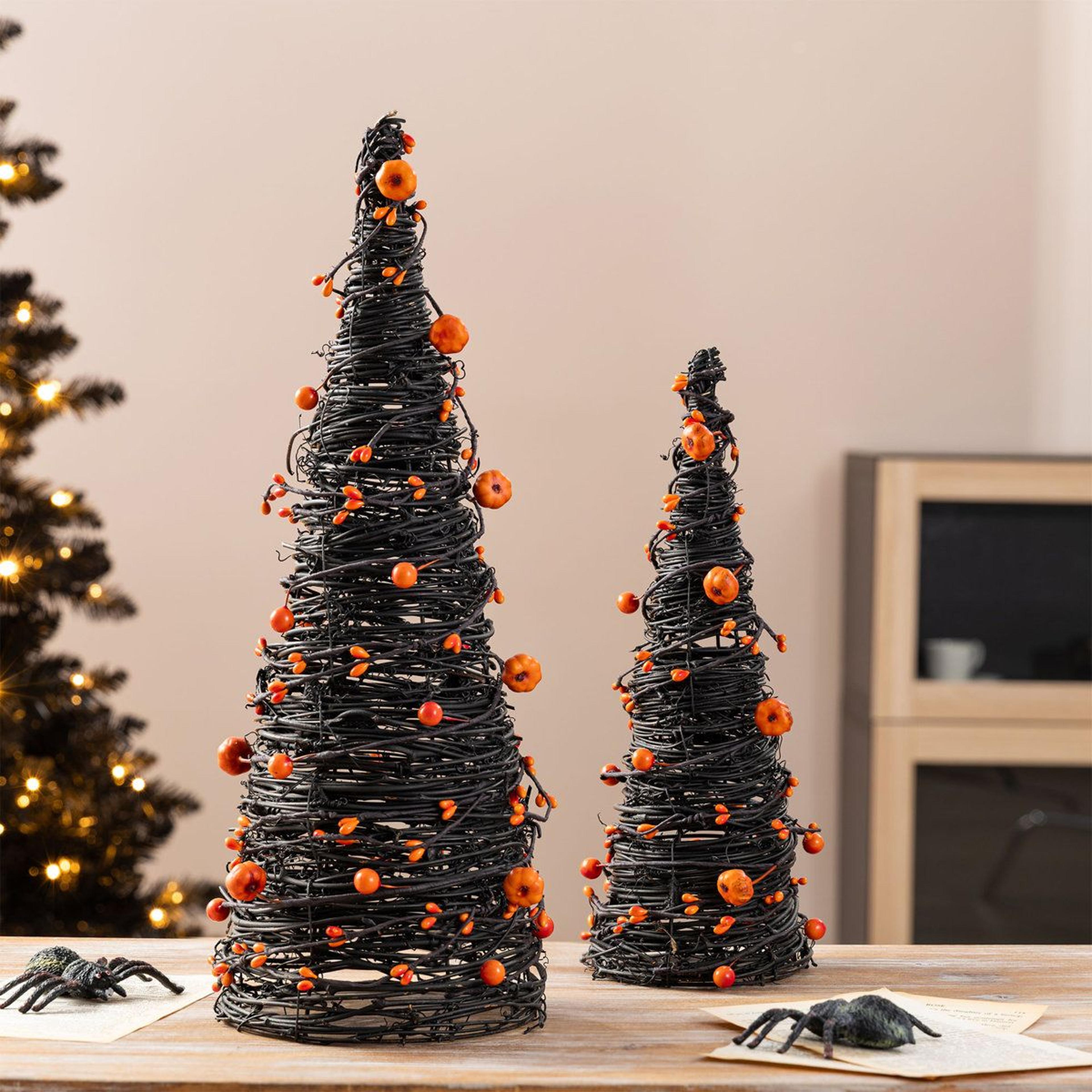 Halloween Eucalyptus Cone Trees With Bats And Pumpkins Set Of 2 1