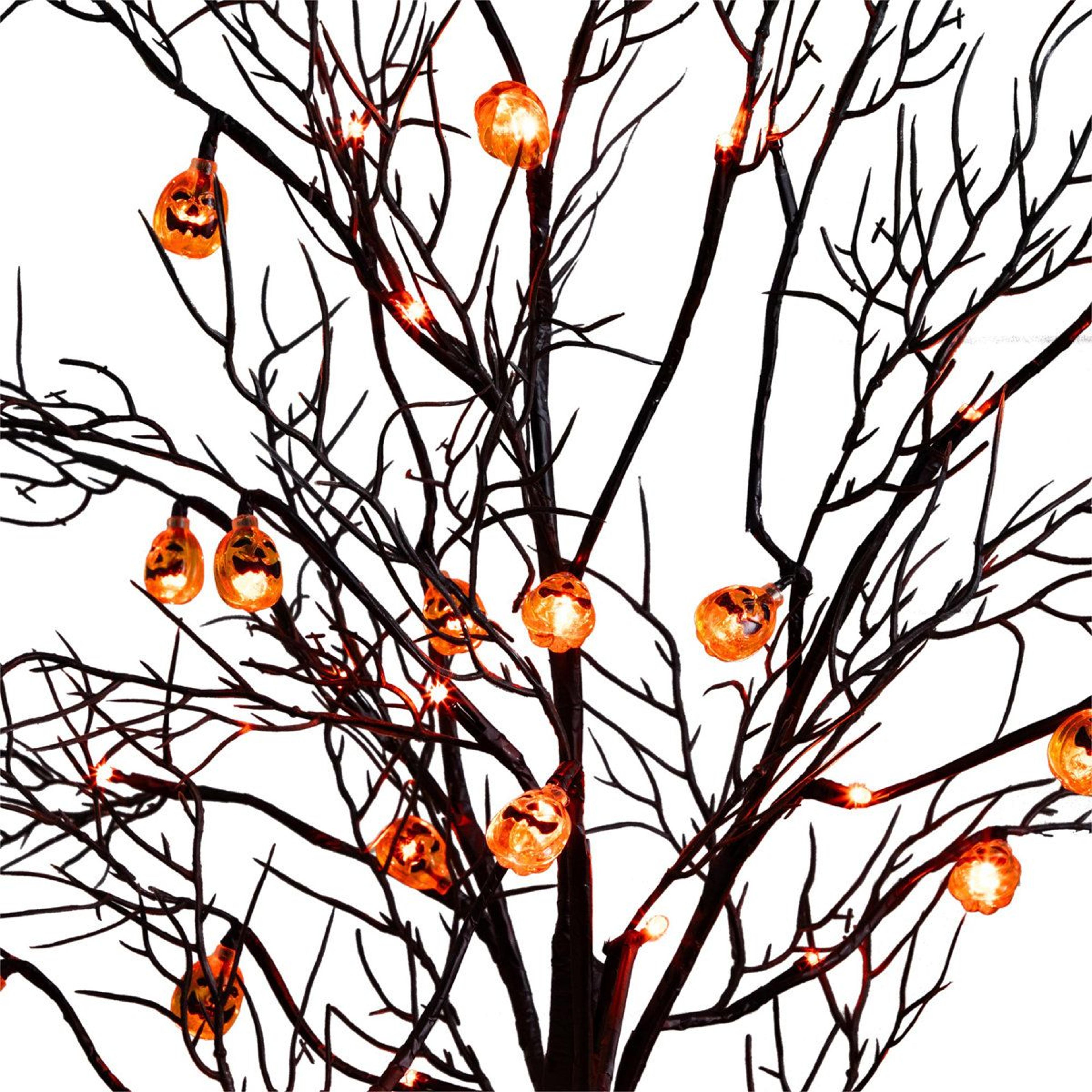 PreLit Halloween Black Twig Tree With 24 Pumpkins And 48 Orange LED Lights 10