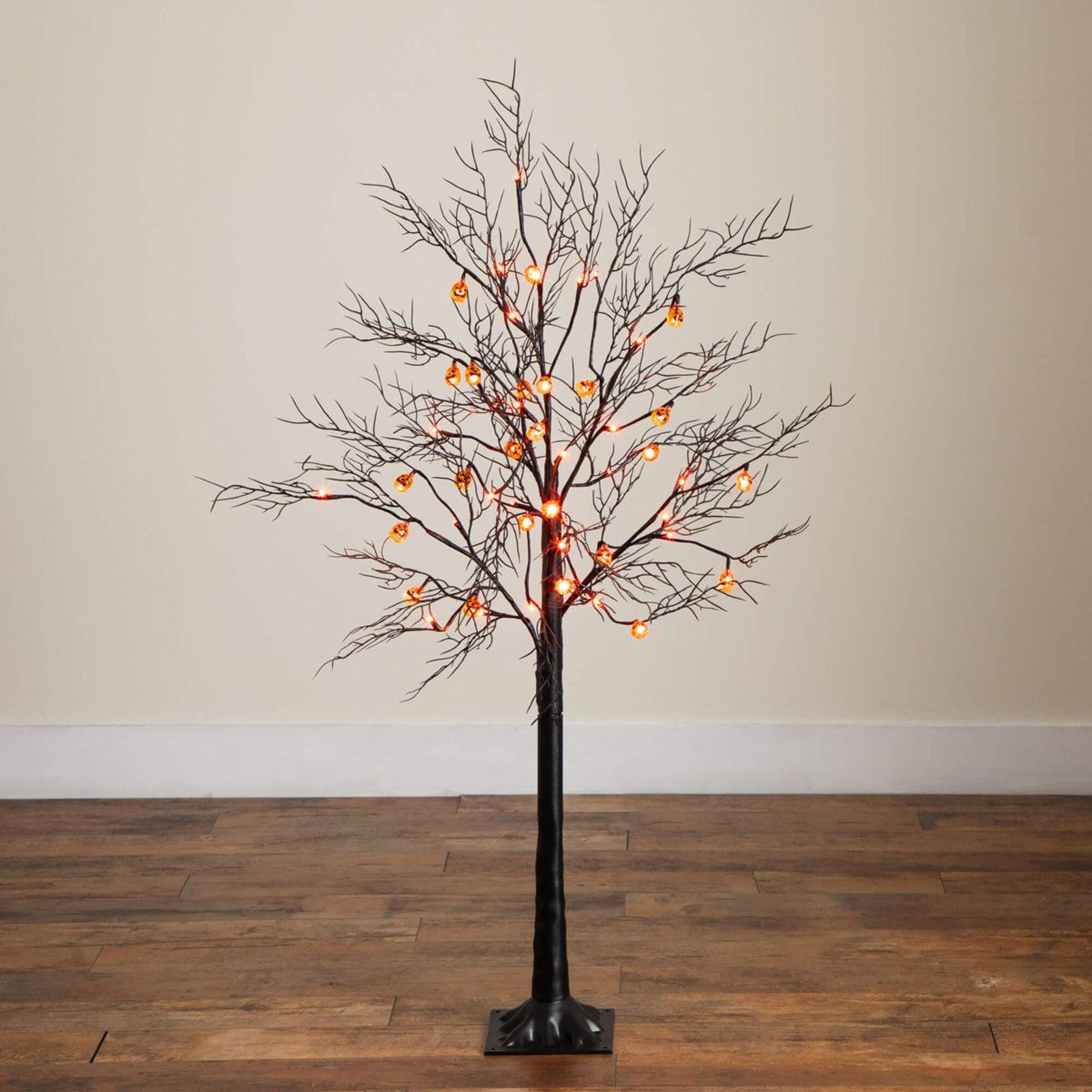 PreLit Halloween Black Twig Tree With 24 Pumpkins And 48 Orange LED Lights 9