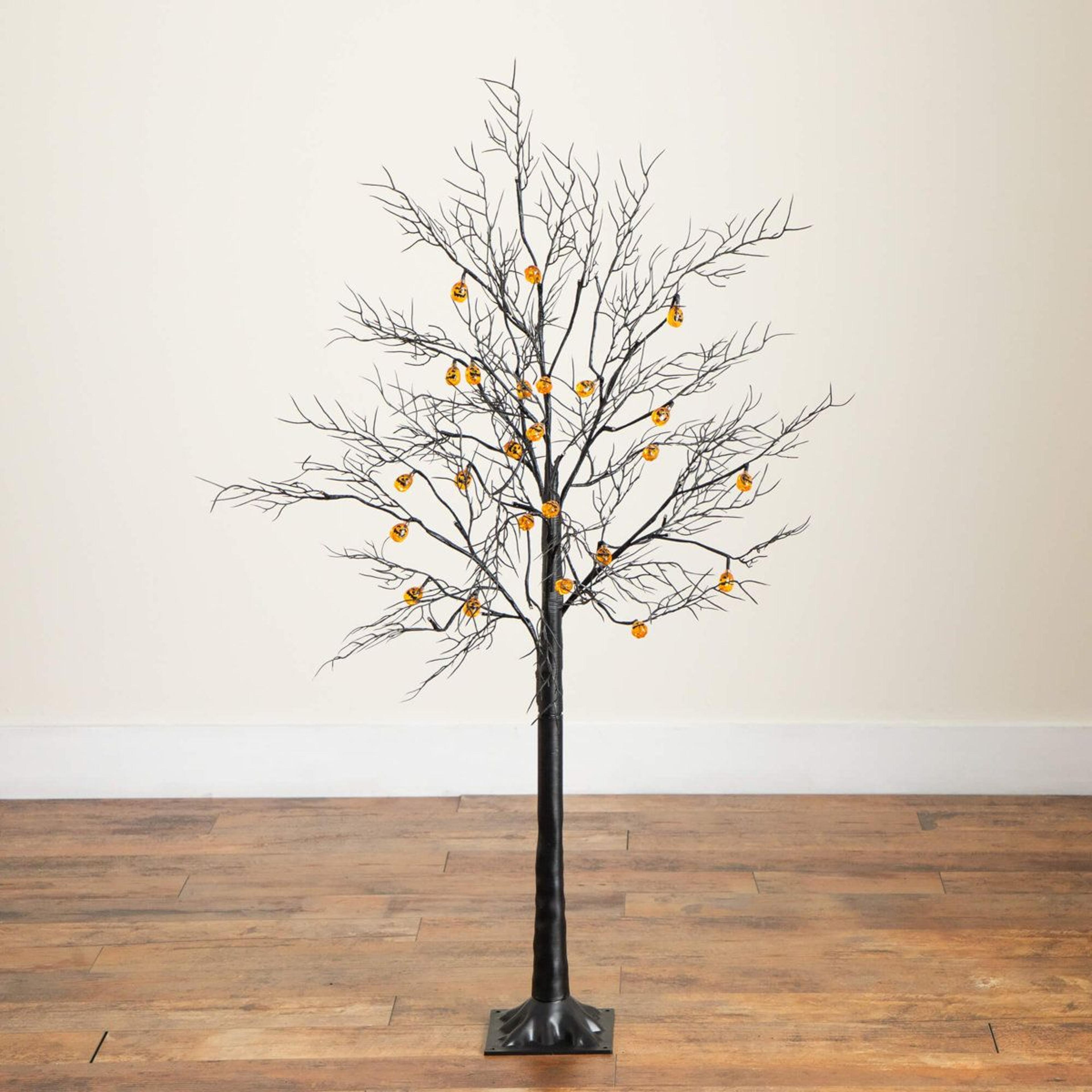 PreLit Halloween Black Twig Tree With 24 Pumpkins And 48 Orange LED Lights 12