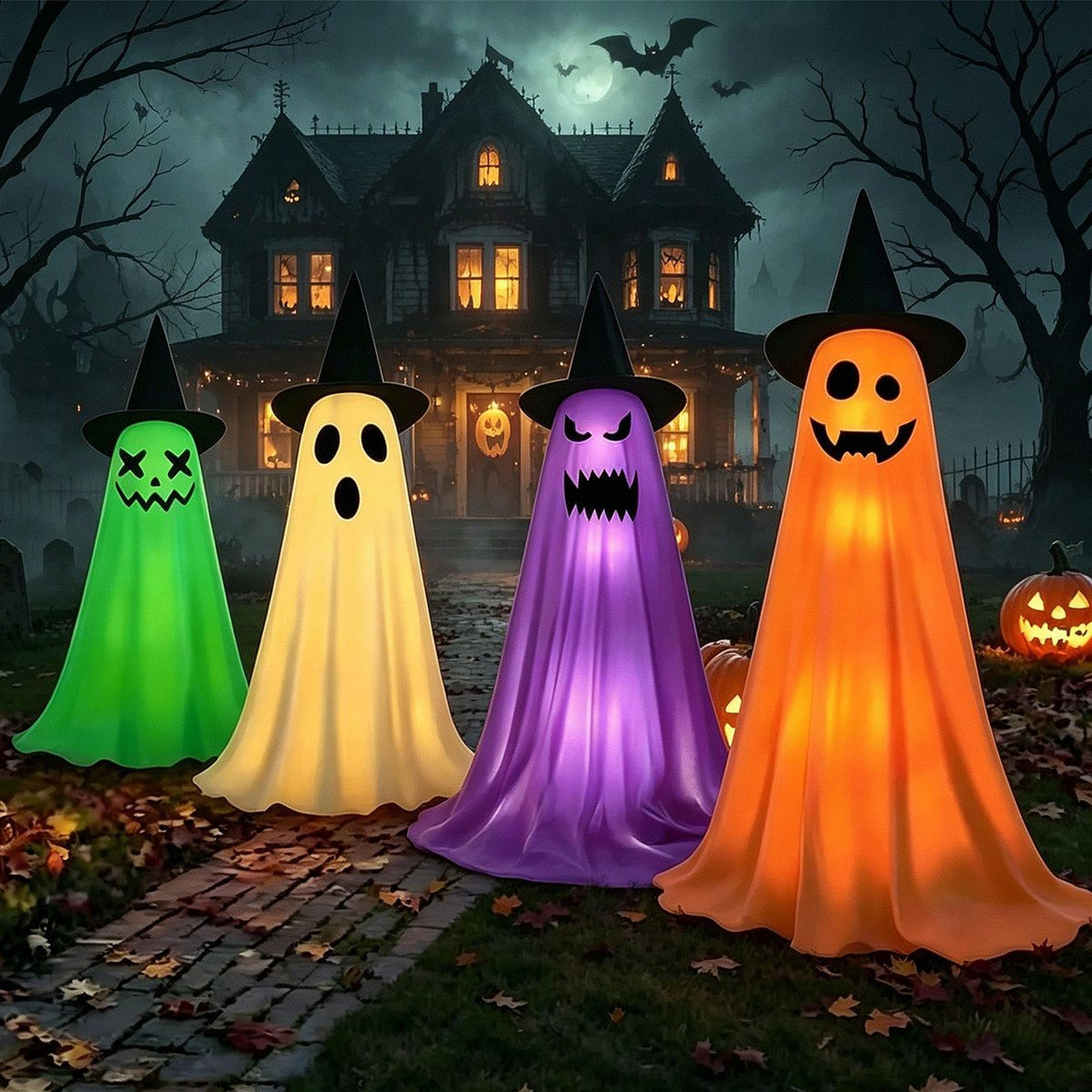 4-pack outdoor halloween ghost decorations with led string lights and remote