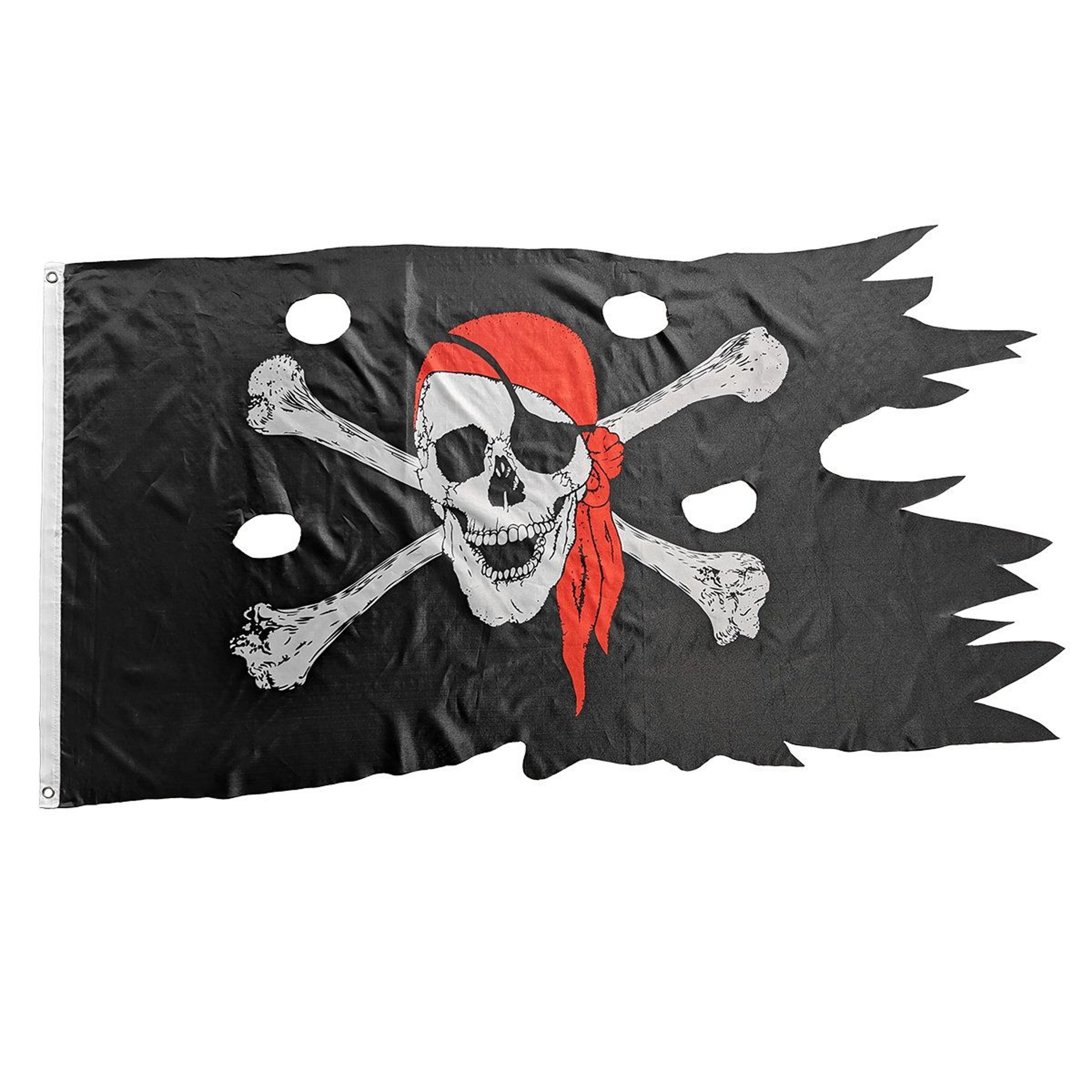 hanging pirate halloween flag with tattered skull and crossbones design
