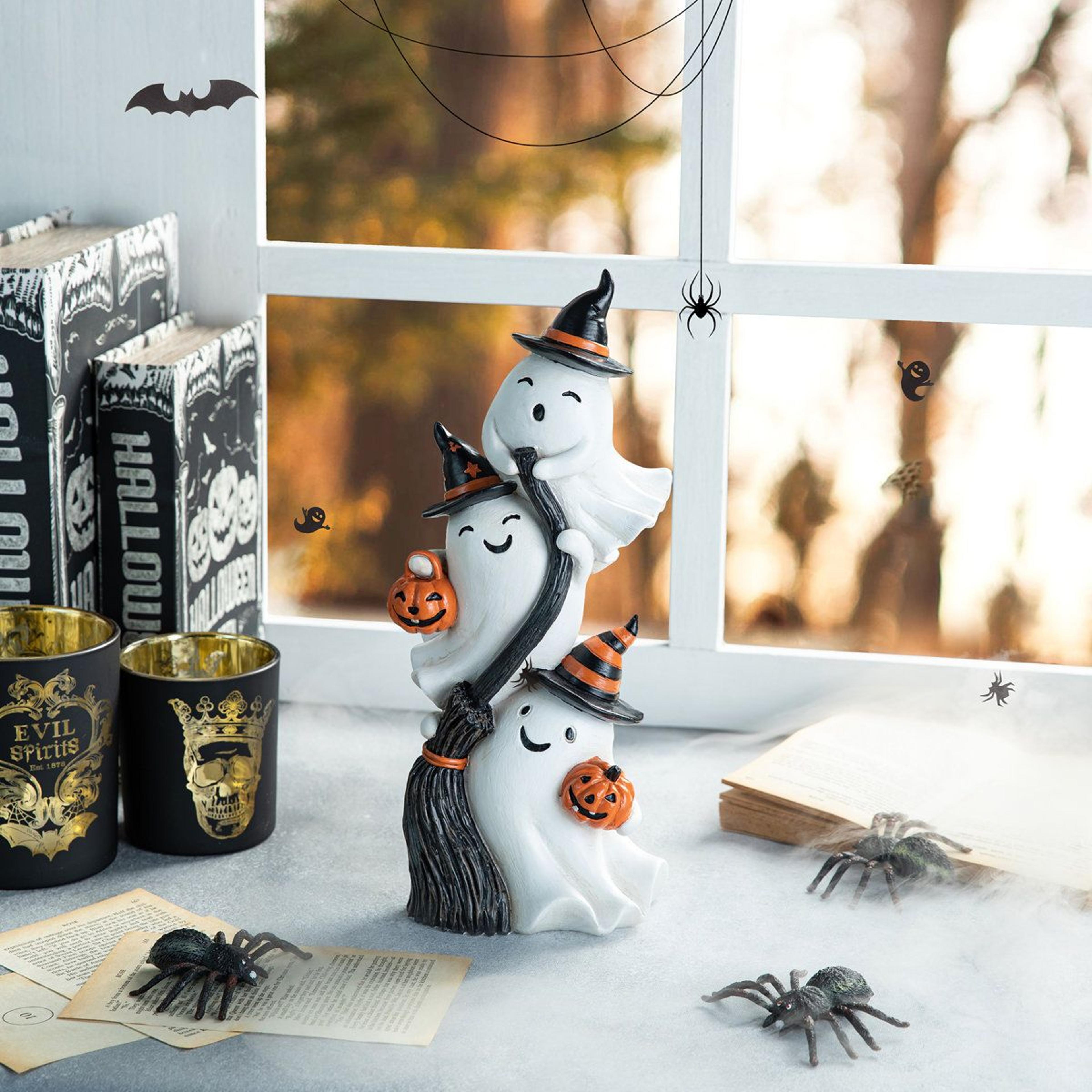 13-inch halloween stacked ghost table decor with brooms and jack-o-lantern