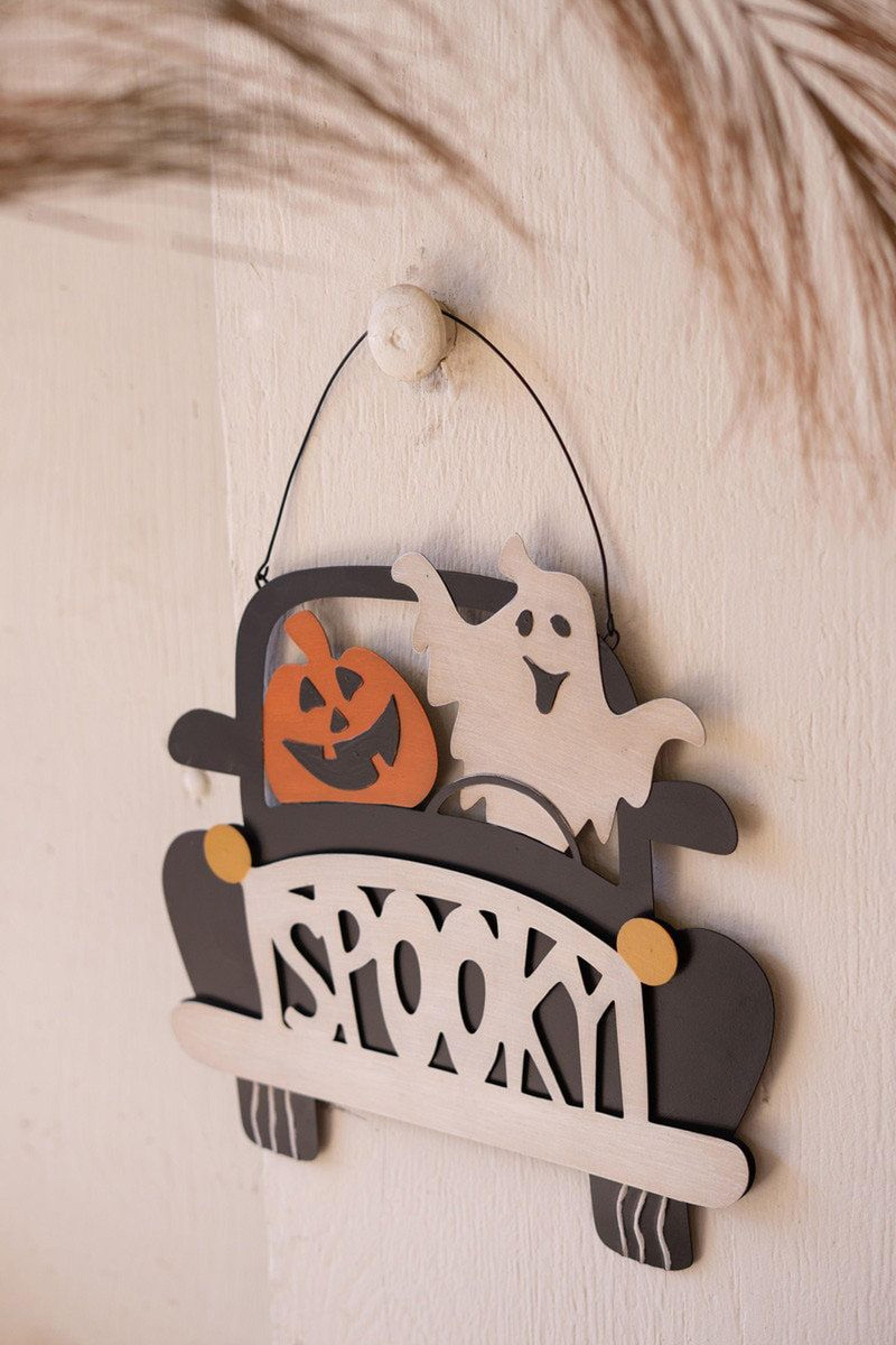 Halloween Spooky Metal Door Sign With Ghost And Pumpkin Car Design 1