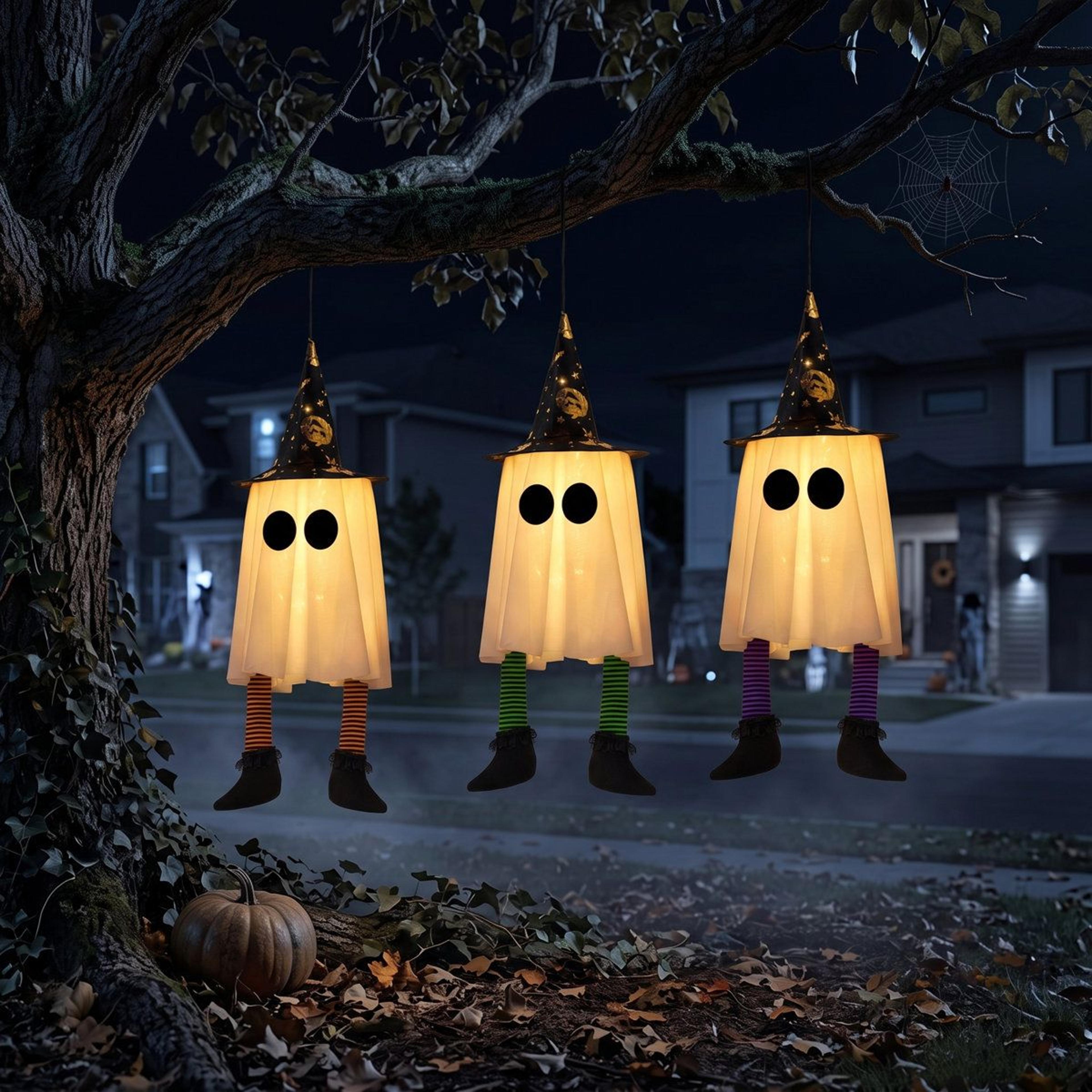 3-pack halloween hanging ghost decorations with witch hats and warm white lights