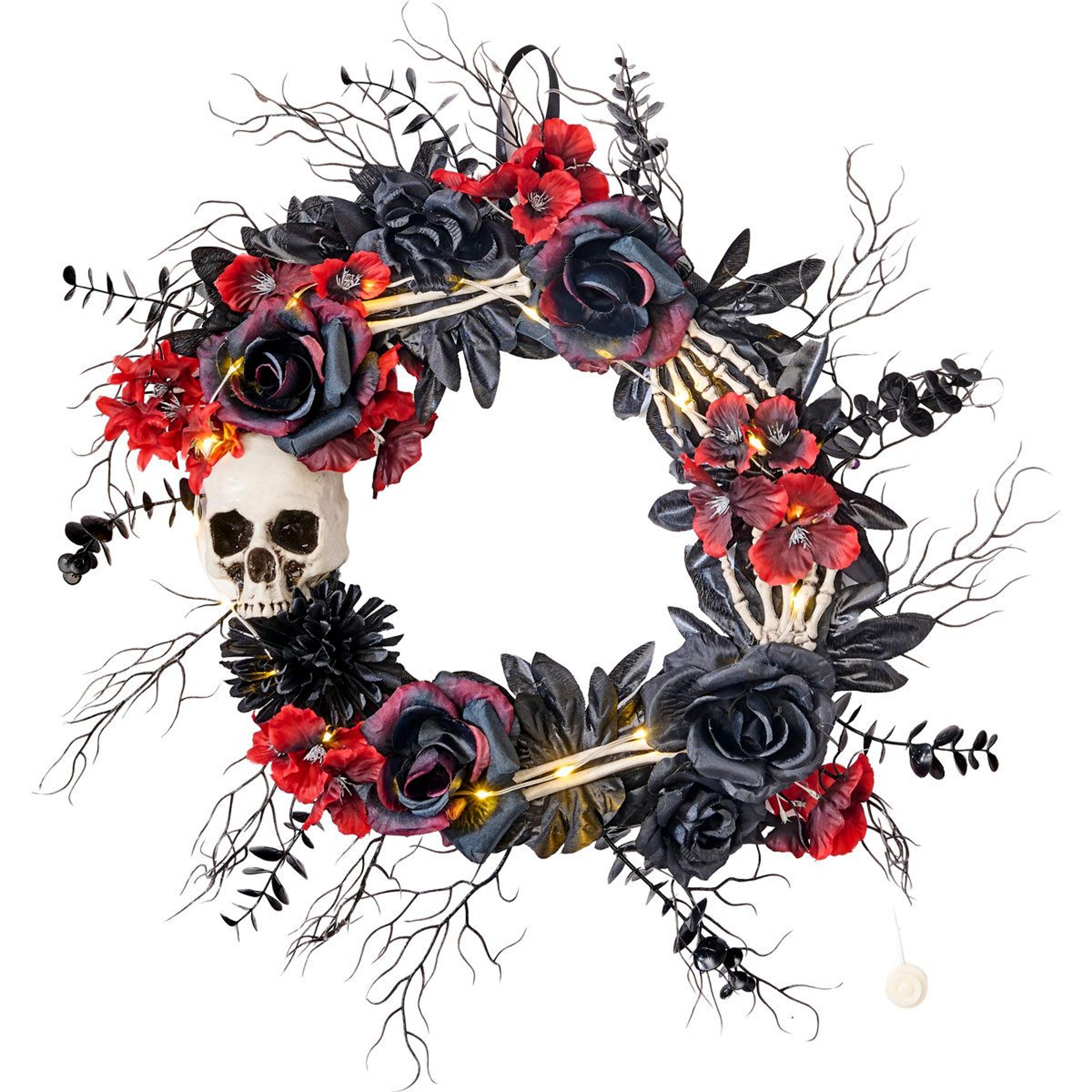 17-inch halloween skull and roses wreath with decorative bones