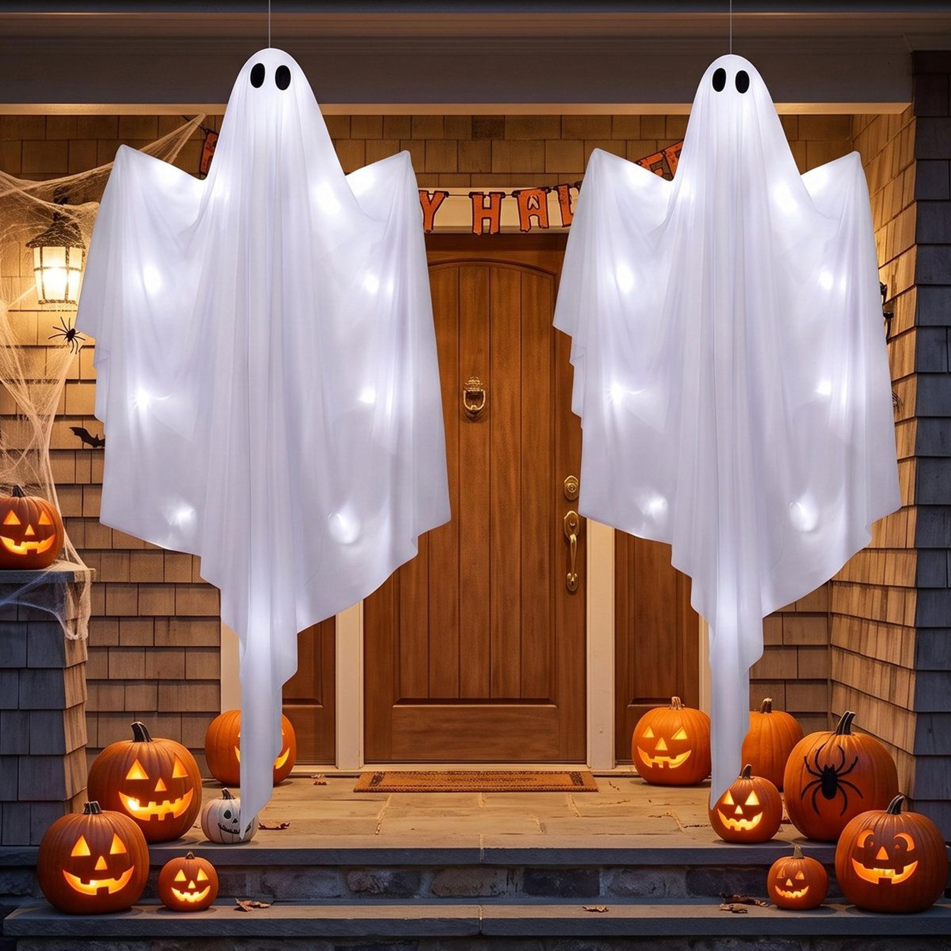 set of 2 hanging halloween ghost decorations with cool white led lights and timer