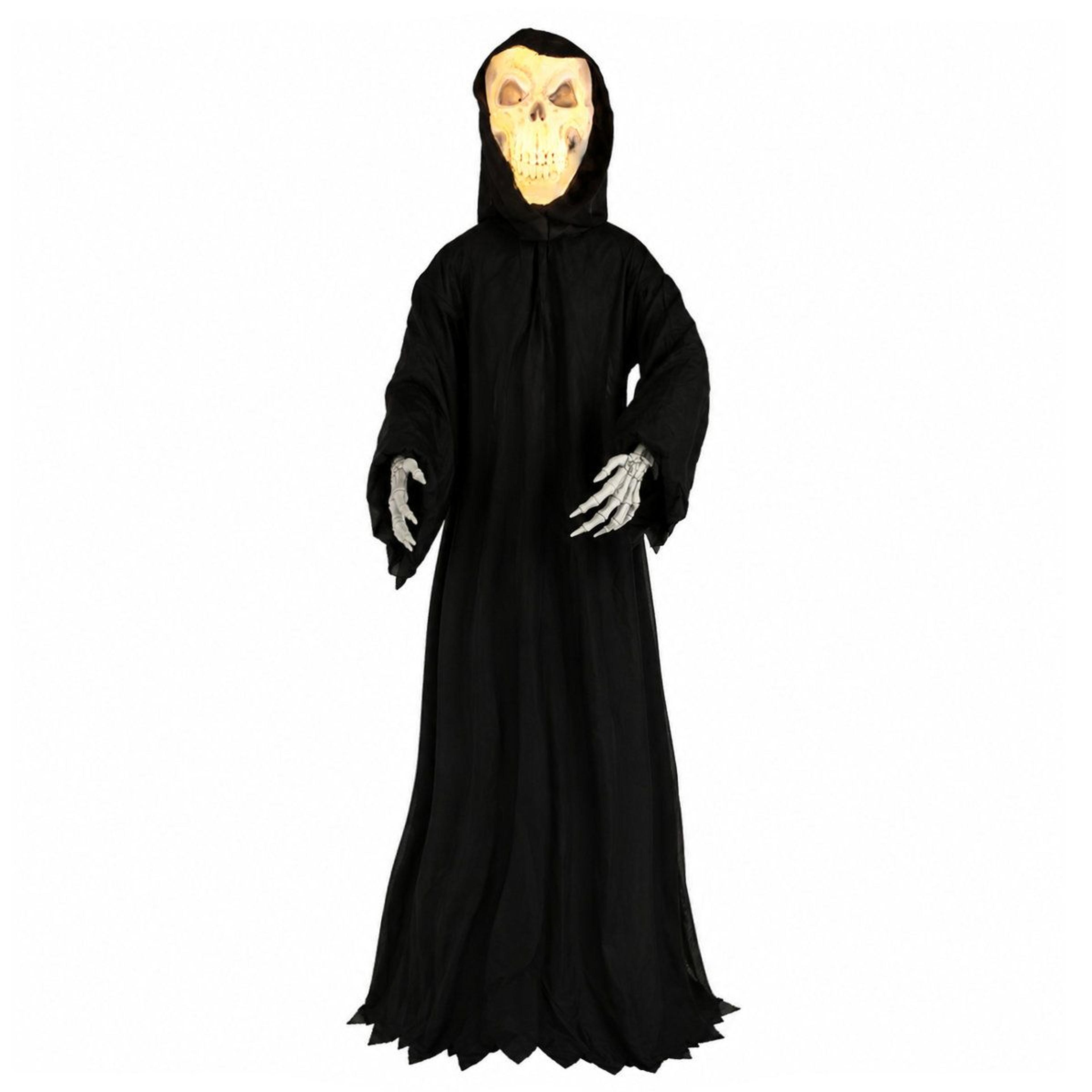 8-foot halloween skeleton in black robe with light-up face