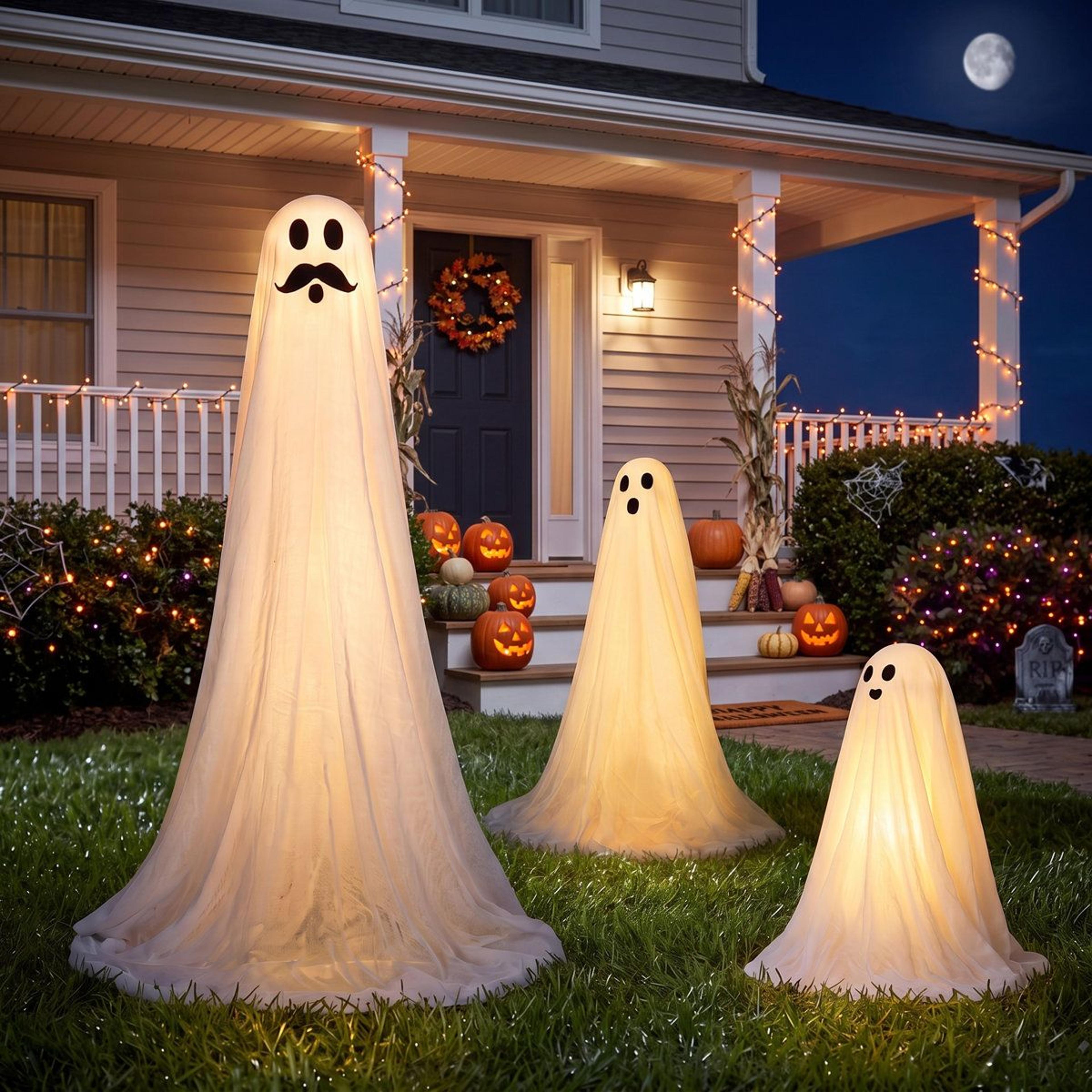 3 Piece Halloween Standing White Ghost Decorations With Warm White Lights 1